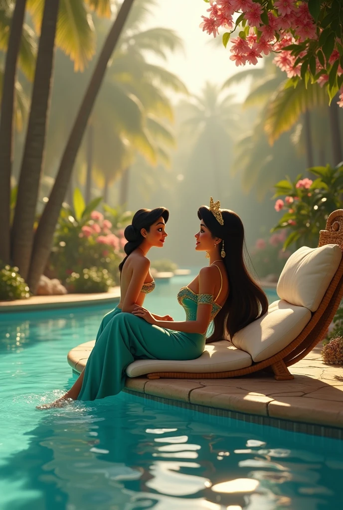 mulher pele morena beijando a filha pele morena junto com homem branco, todos dentro da piscina disney pixar, alta qualidade, melhor qualidade