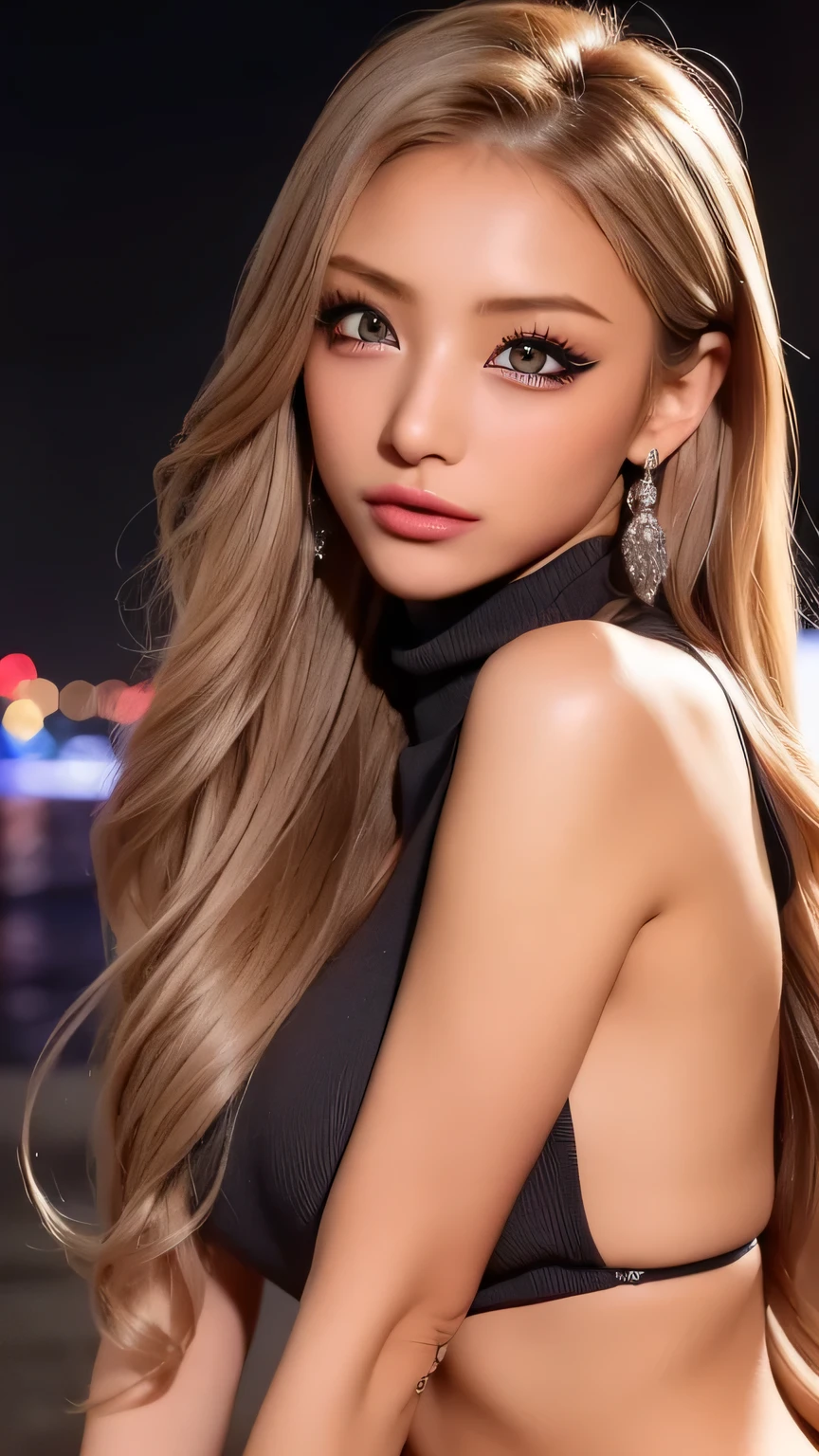 (    cowboy shot  、     top quality  、8k、   Award-winning work   、        ultra high resolution )、   beautiful woman、(  Show off your perfect body with the Virgin Killer sweater that shows cleavage , Sexy big boobs:1.1)、 erotic lips in duck mouth     ,    feminine glamorous body standing on the floor    , (     Virgin Killer Sweater  :1.3),((    gray turtleneck sleeveless dress  、 Cup Bust、   wrists visible from cuffs    {x} Cup Bust、   chest tank top visible from the side    ,Perfect big 、(   blond:1.1)、     Brilliant Color Contact Lenses     、   PERFECT GAL MAKEUP、    shine on a jewelry box   、 Sexy lips in duck mouth、(   Dark makeup for women    :1.2)、(      show off their perfect bodies with dark brown beige eyes     :1.1)、     beautiful bright eyeshadow     、 dark makeup 、(  Big Breasts :1.2)、    Very Long Wavy Hair    、(Romantic affection:1.1)、  、(     Many women show off their perfect nice buddy with       ....:1.1)、(   strongly blurry  、     vividly representing the luxury hotel pond at night  :1.1)、(   strongly blurry   background:1.1)、    accurate anatomy 、      ultra HD hair、(         ultra high resolution perfect beautiful teeth:1.1)、      ultra high resolutionの美しい顔  、      ultra HD hair、  crystal clear bang 、Ultra HD Shining Eyes、Shining     ultra high resolution beautiful skin 、        ultra high resolution glossy lips 、    Harry Winstonのネックレス   