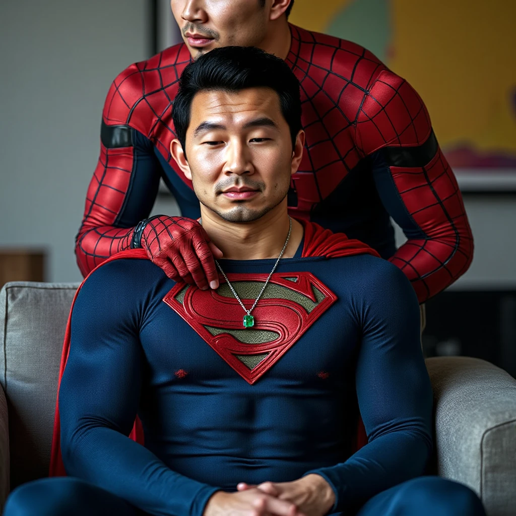 A man with black hair, pink highlights, black eyes, a handsome face, Full chest muscles, Buzz cut,Stylish short hair,a mischievous smile, eyebrow piercing, nose piercing, wearing a Spider-Man costume. Face looks like a Chinese man A little muscular sexy poses and hugged the neck of a tall man with white hair, red eyes, and a mischievous smile. Wear a white suit and have long hair. His face was handsome, tall, muscular, and smiling. He held a katana.