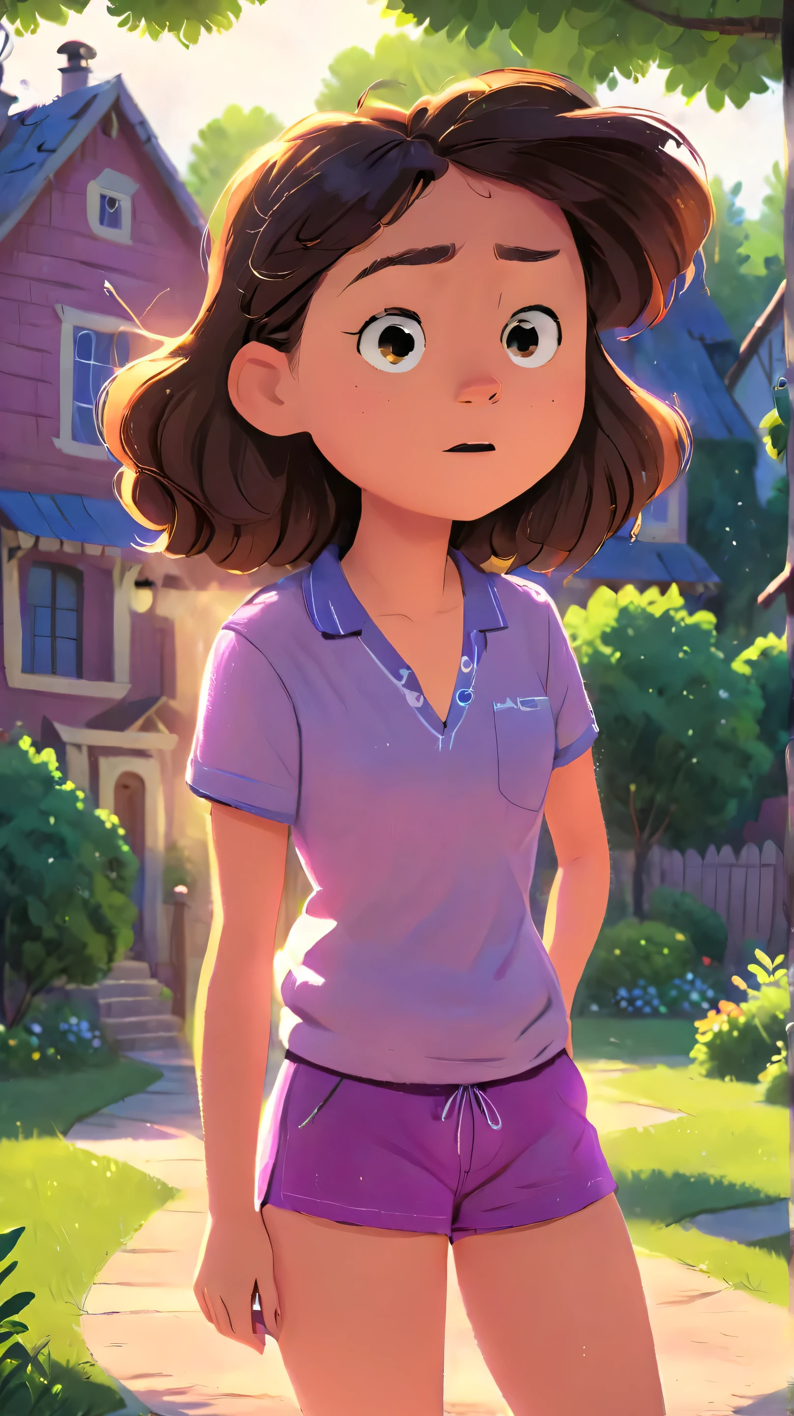 Clara, a girl with brown wavy hair, with fear, scary face, looks concern, upset, worry, mad face. she is in her backyard, purple shirt, pink shorts and blue boots. she is looking with worry. Detailed face, intricate details, colorful crayons, cozy indoor setting, beautiful lighting, soft pastel colors, warm tones, cinematic composition, award winning illustration, highly detailed, photo realistic, 8k, masterpiece, professional, award winning, cinematic lighting, soft focus, beautiful composition, consistent character. The illustration should be simple and clean. The style of the illustration resembles a classic ren's book, combining a Disney cartoon and watercolor illustration but with thick lines outlining the image. girl with glasses, concern on her face. worry face, backyard, sad. mad, scared