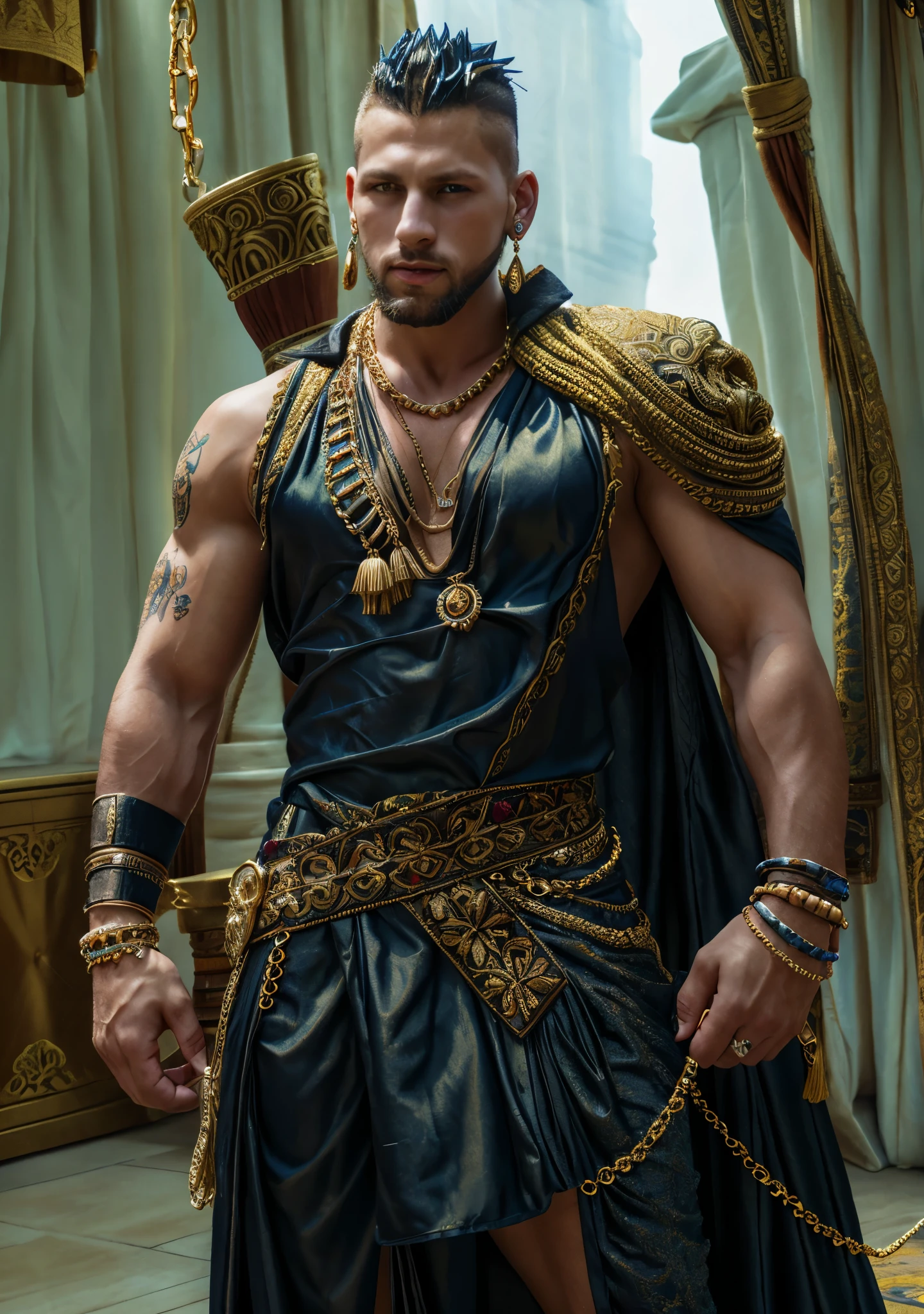 extremely handsome arabia  man, not too muscular, short black  hair, his lithe body barely covered with shimmering gold and white transparent cloths, exposed chest, exposed legs, chunky gold and ruby statement necklace, gold armbands on his biceps, gold filigreed gauntlets on his forearms, an intricate gold band on his upper thigh, golden anklet, standing in ornate silk cushions,  (best quality,4k,8k,highres,masterpiece:1.2),ultra-detailed,(realistic,photorealistic,photo-realistic:1.37)classy,confident, soft warm lights,vibrant,
