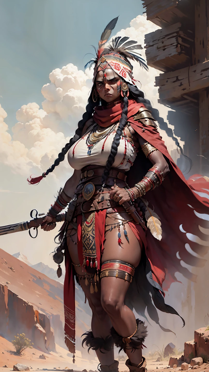 Create a painting-style illustration of a full-length Apache Indian woman with an angry expression, wearing a cape over her body, a red scarf tied around her head, feather ornaments on her head, braids in her hair, tribal face paint, leather boots, and wielding a shotgun. a girl with big breasts and a slim body