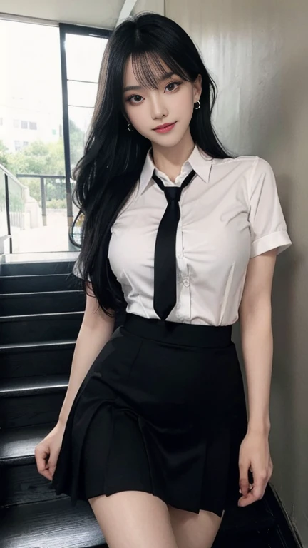 ((best quality)), ((muste piece)), (detailed breasts), (highlight), perfect face Young girl highlighting large breasts with detailed face、Long, thick, shiny, beautiful black hair with blunt bangs、solid color background、Standing wearing school uniform with blazer and miniskirt、