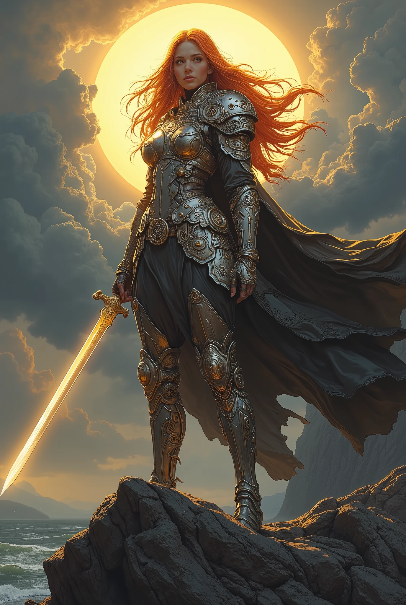 A fierce warrior princess with flowing crimson hair and piercing golden eyes, standing atop a windswept cliff. She wears intricately designed armor adorned with ancient runes, a long cape billowing behind her. In her hand, she holds a gleaming silver sword, its blade etched with mystical symbols. The background features a dramatic sky with storm clouds parting to reveal a golden sunset, casting an ethereal glow over her determined expression. Semi-realistic, hyper-detailed, cinematic lighting, fantasy art, digital painting, 8K resolution