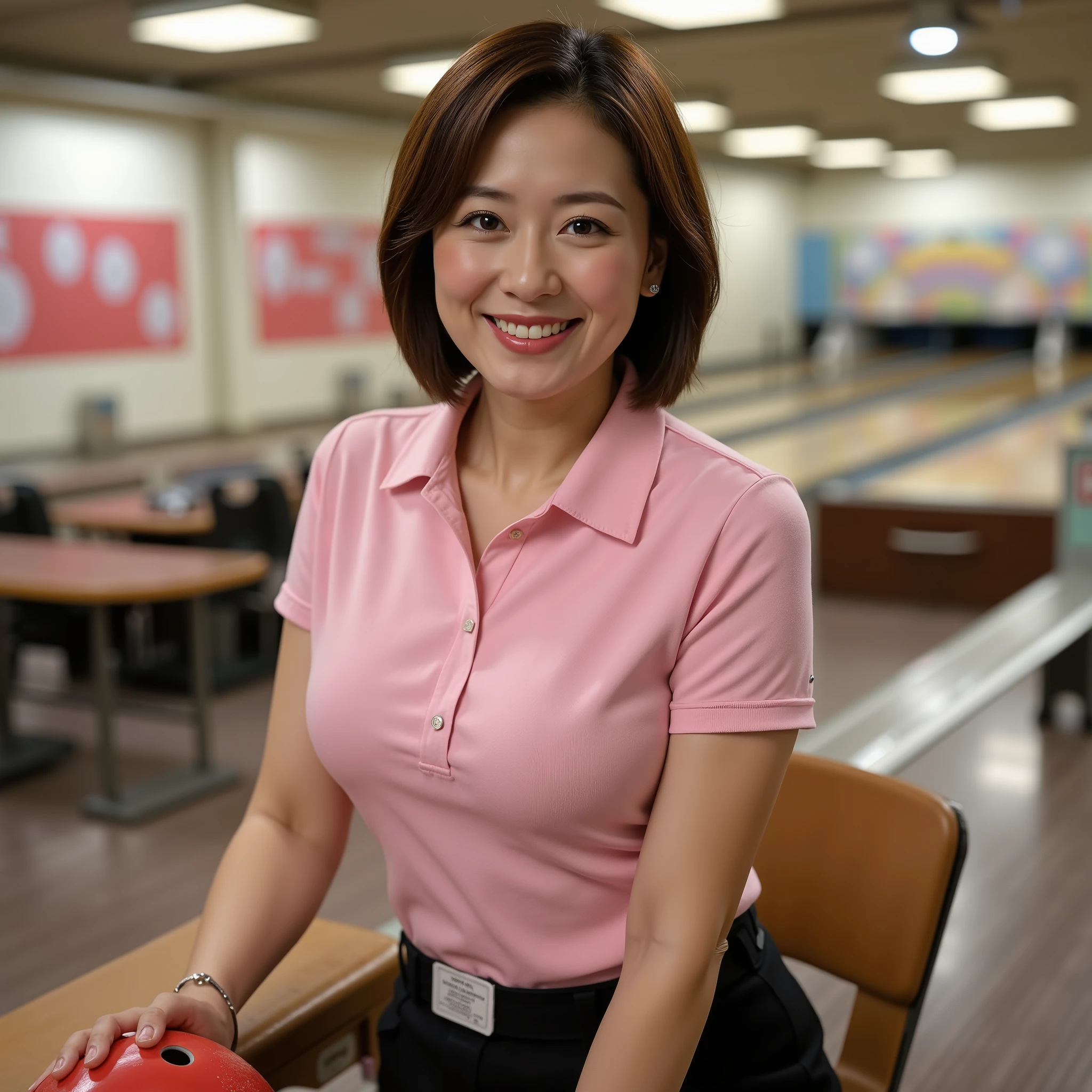 『 1 Japanese girl:1.3』『 REAL PHOTOS:1.3』 highest quality:1.2、(( big breasts))、 slightly visible cleavage 、(( 40 year old woman))、(( have red cheeks ))『 teeth and smiling:1.9』、((( anatomically correct、 perfect anatomy、 anatomically correct指)))、 by Nomi,  highest quality, 超 Hi-Res,  RAW Photo , (Curvy body)、（ Masterpiece、 highest quality、 Hi-Res、 realistic depiction at the seat） brown short hair、Girl Pro Bowler 、Bowling alley、 Bowling Uniform Polo Shirt（ pink）、 short skirt（black）、 training shoes 、Big Breasts、smile、Sitting pose