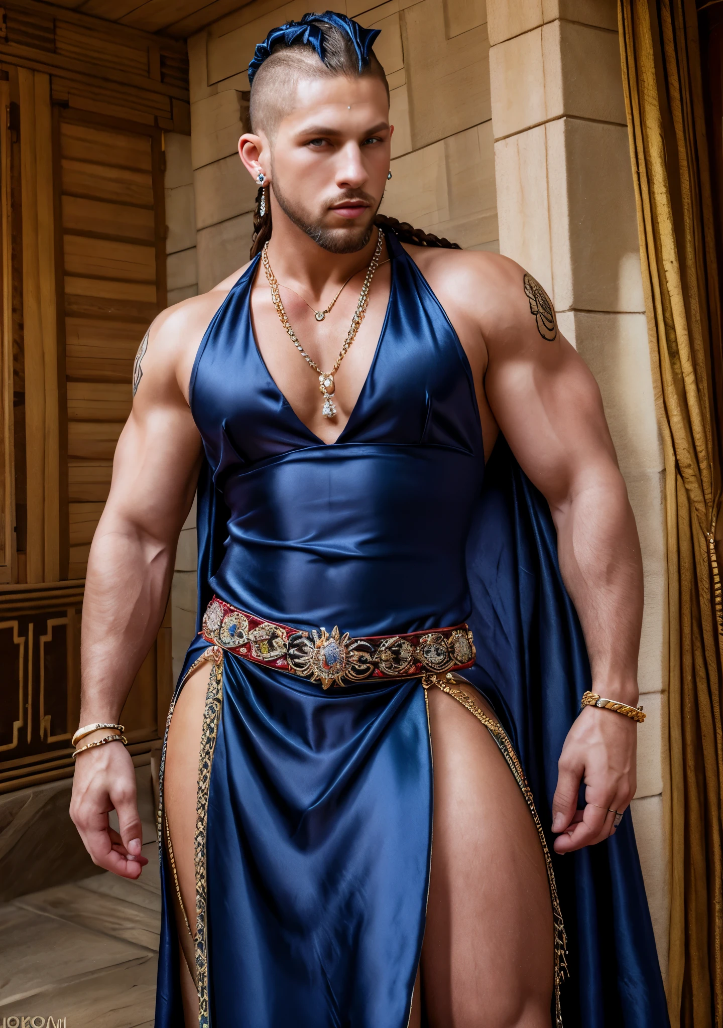 Priapus strong virile large mass beautiful androgynous face with sharp features and eyes with an intensely natural green color, wearing Greek costumes, large wavy hair that cascades down to his strong shoulder and muscular golden skin. big hard dick