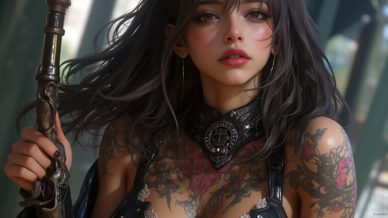 1girl, armor, black_hair, blurry, blurry_background, blurry_foreground, breasts, blue_eyes, closed_mouth, depth_of_field, earrings, jewelry, long_hair, looking_at_viewer, smile, solo, upper_body