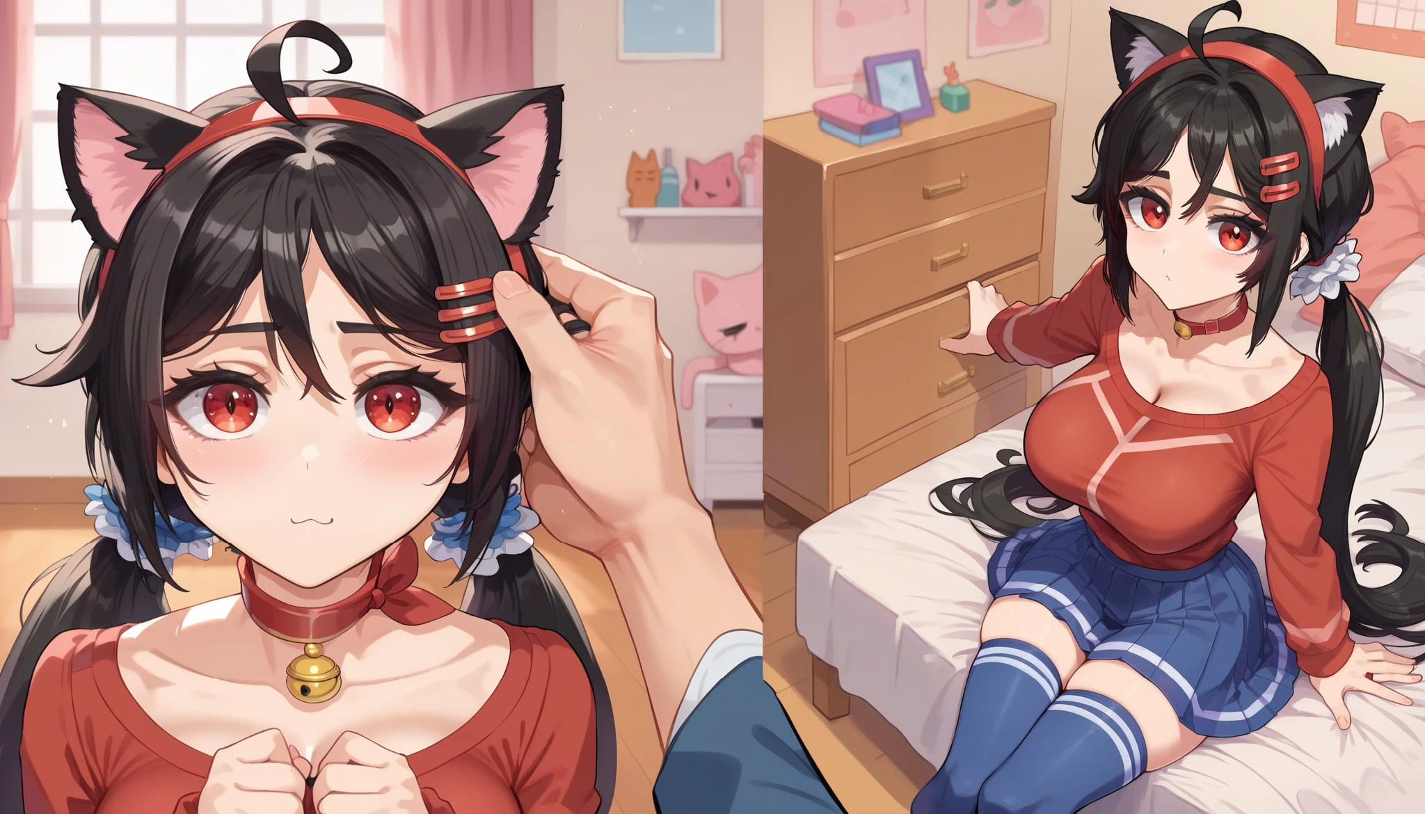 score_9, score_8_up,sharp focus,, absurdres, highres, illustration, mi_ta, 1girl, , junkotvvxl ((cat girl, cat ears)), (red eyes), (long hair), (( black hair, (Ahoge), straight bangs,)),, braids hair, hairband, scrunchie, barrette pins, blouse, skirt, red stockings, CLEAVAGE, large breasts, looking at viewer, solo, bedroom, sitting, on bed, Deepthroat, snap my choker,  instant loss, 2comma, Fellatio, deeper Deepthroat, irrumatio, before and after 