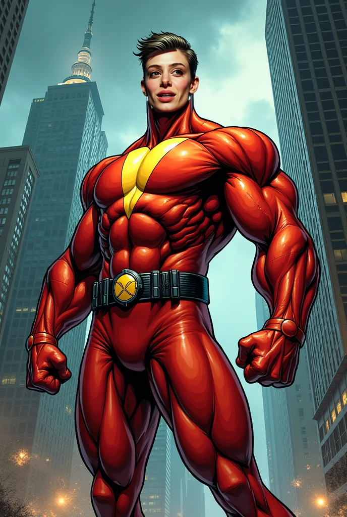 Draw Kinnikuman in an American comic book style.
He's not Kinnikuman without his mask, right?
Put the word "Meat" on his forehead, and his costume is red.