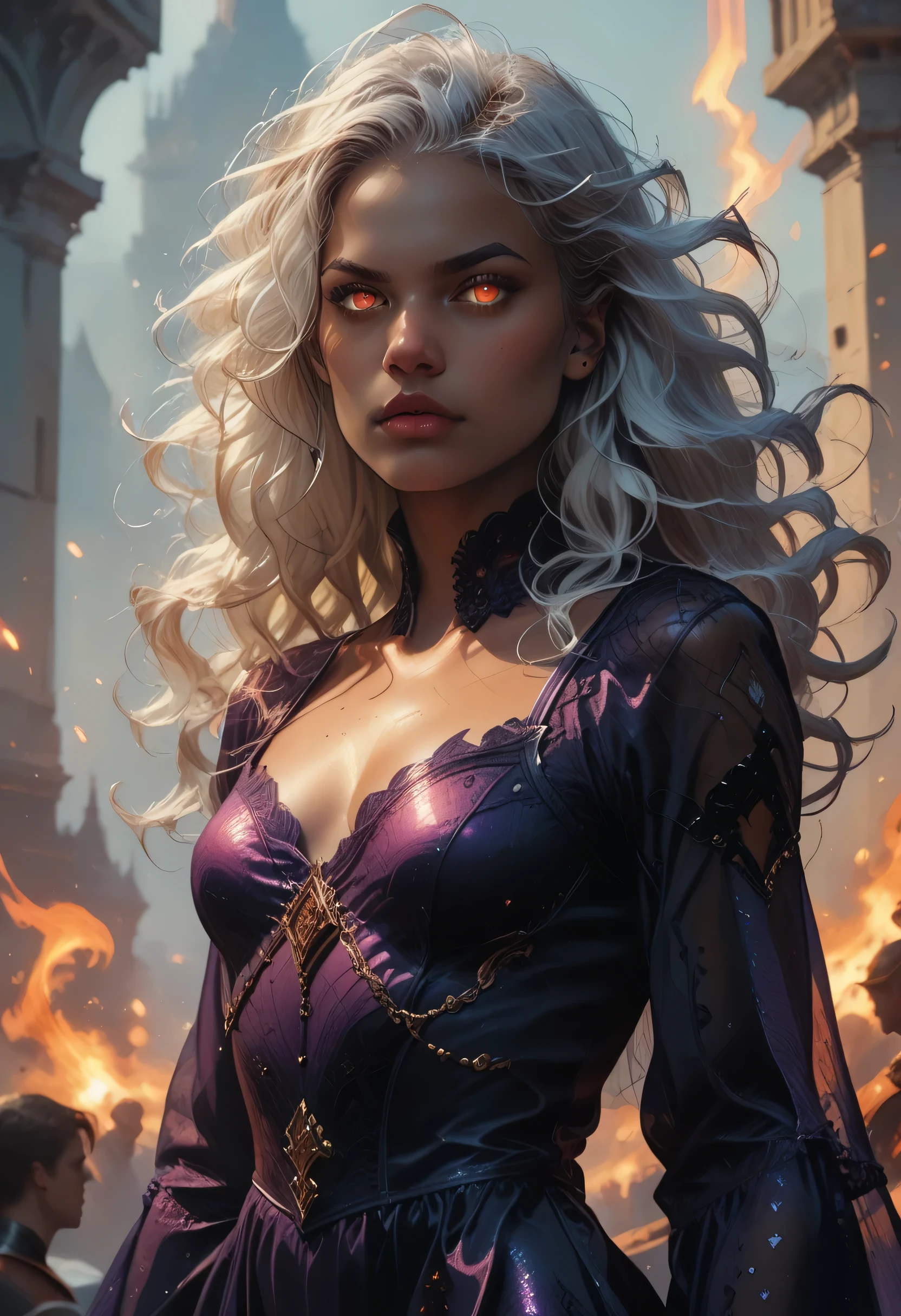 score_9, score_8_up, score_7_up, a portrait of a female vampire, black skin, white hair, long hair, wavy hair, flowing hair, sparkling fiery eyes, there are jewelry in her hair. wearing purple silk dress, intricate dress, delicate dress, small cleavage, best quality, 16k, ultra detailed, masterpiece, best quality, (extremely detailed), dynamic angle, ultra wide shot, photorealistic, RAW, fantasy art, dnd art,fantasy art, realistic art, GlowingRunesAI_red, fantasy, commix style