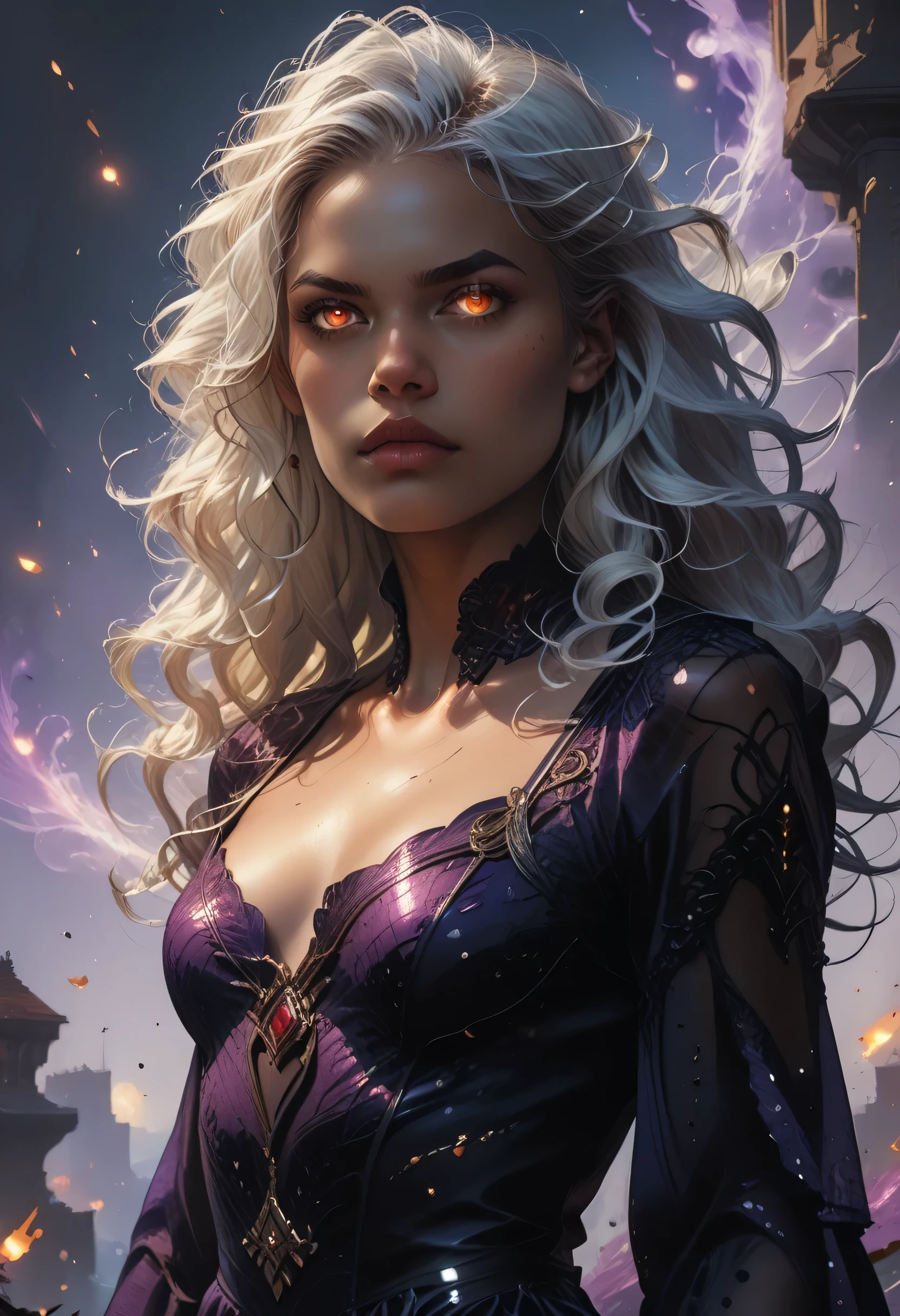 score_9, score_8_up, score_7_up, a portrait of a female vampire, black skin, white hair, long hair, wavy hair, flowing hair, sparkling fiery eyes, there are jewelry in her hair. wearing purple silk dress, intricate dress, delicate dress, small cleavage, best quality, 16k, ultra detailed, masterpiece, best quality, (extremely detailed), dynamic angle, ultra wide shot, photorealistic, RAW, fantasy art, dnd art,fantasy art, realistic art, GlowingRunesAI_red, fantasy, commix style