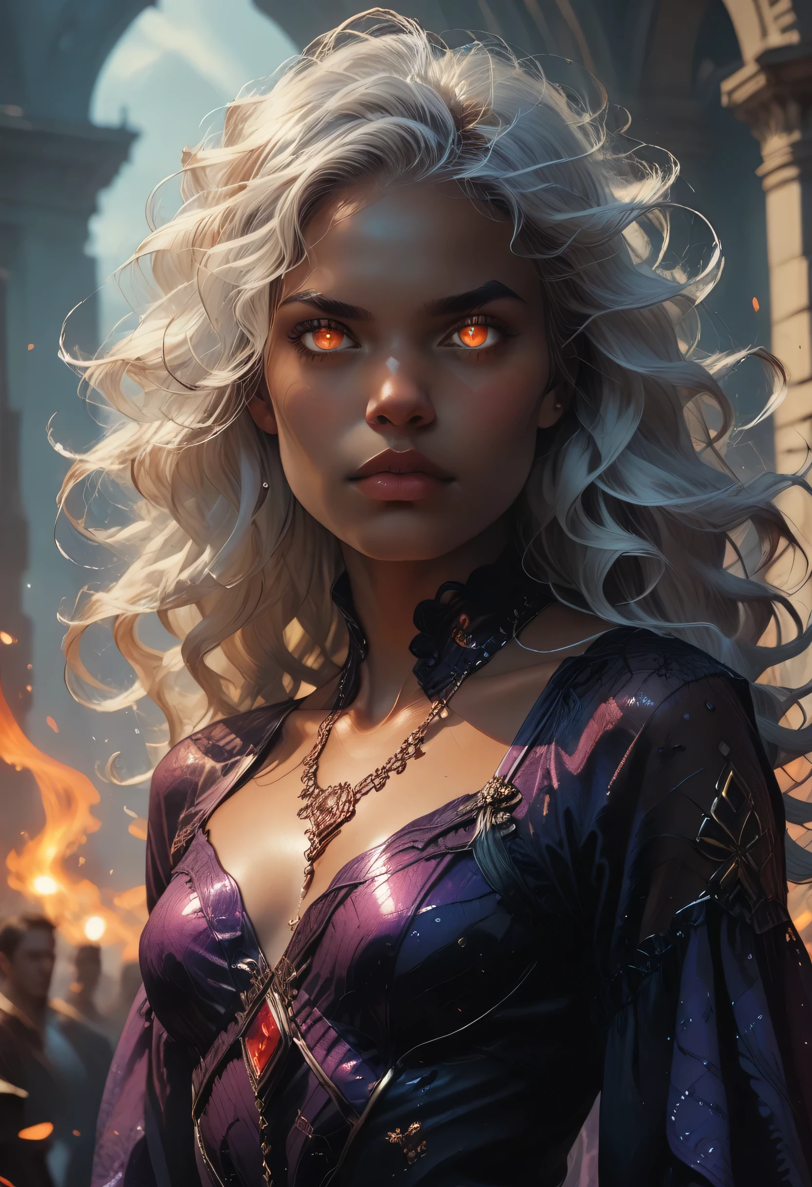 score_9, score_8_up, score_7_up, a portrait of a female vampire, black skin, white hair, long hair, wavy hair, flowing hair, sparkling fiery eyes, there are jewelry in her hair. wearing purple silk dress, intricate dress, delicate dress, small cleavage, best quality, 16k, ultra detailed, masterpiece, best quality, (extremely detailed), dynamic angle, ultra wide shot, photorealistic, RAW, fantasy art, dnd art,fantasy art, realistic art,  GlowingRunesAI_red, fantasy, commix style