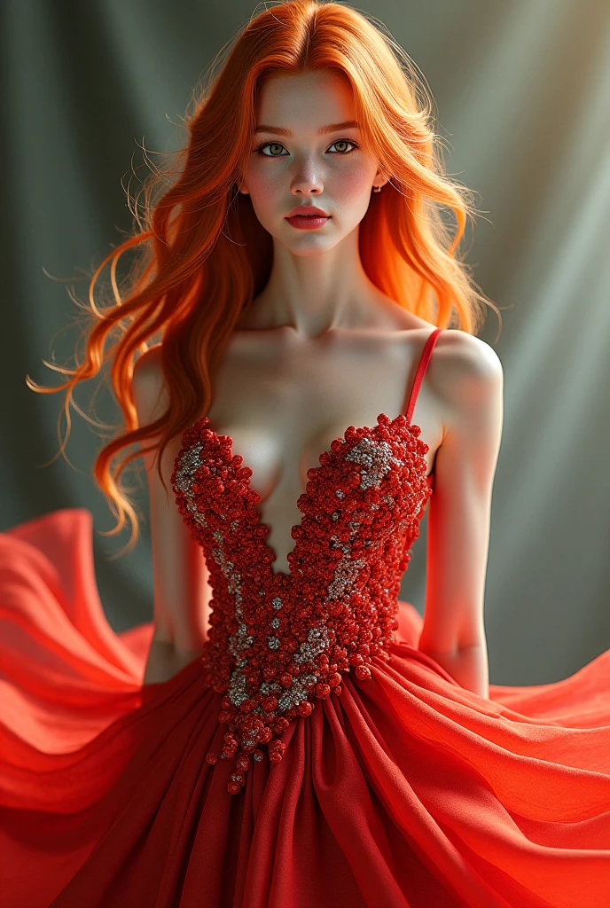 cinematic scene, a beautiful woman with long red hair in a red evening shiny dress decorated with diamonds, lying in the petals of scarlet roses, arms outstretched, petals falling from above, shine, magically, overhead photo, high detail, clarity, HDR, cinematic light, dramatic light, shadows, Nikon D850