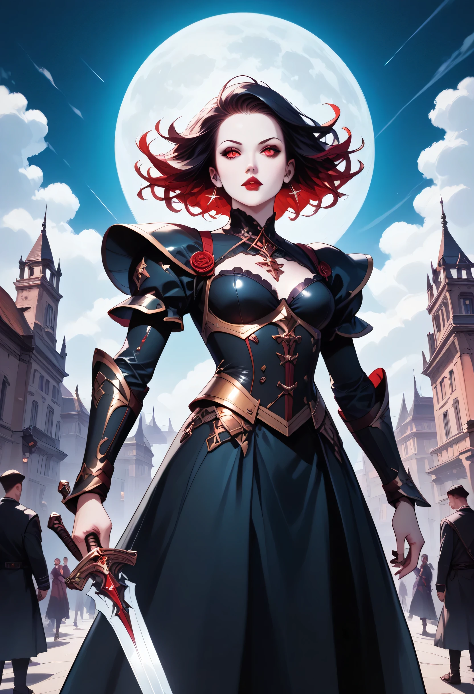 score_9, score_8_up, score_7_up,Arafed, dark fantasy art, gothic art, a picture of a vampire ready for battle, female vampire, armed with a sword, wearing heavy armor LnF, armed with a sword, shining sword, ultra detailed face (intricate detailed, Masterpiece, best quality: 1.4), pale skin, gloeing eyes, red eyes, ultra feminine, pale skin, dynamic hair, dark fantasy urban street (intricate detailed, Masterpiece, best quality: 1.4), moon light, star light, clouds GlowingRunesAI_red, fantasy, commix style