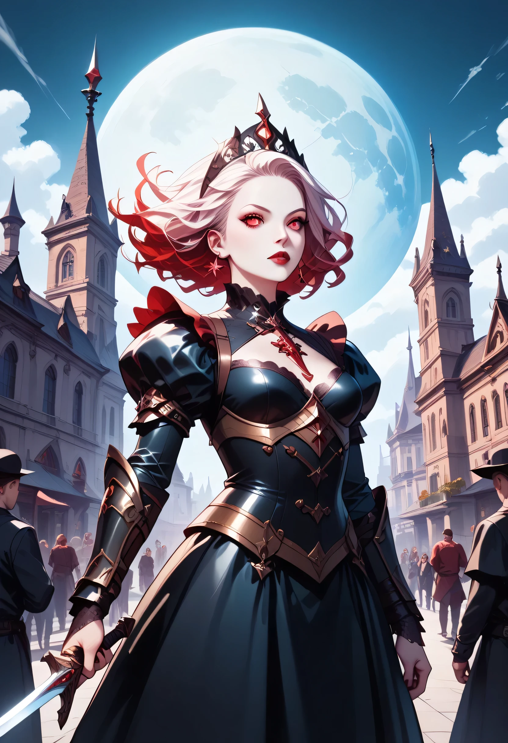score_9, score_8_up, score_7_up,Arafed, dark fantasy art, gothic art, a picture of a vampire ready for battle, female vampire, armed with a sword, wearing heavy armor LnF, armed with a sword, shining sword, ultra detailed face (intricate detailed, Masterpiece, best quality: 1.4), pale skin, gloeing eyes, red eyes, ultra feminine, pale skin, dynamic hair, dark fantasy urban street (intricate detailed, Masterpiece, best quality: 1.4), moon light, star light, clouds GlowingRunesAI_red, fantasy, commix style