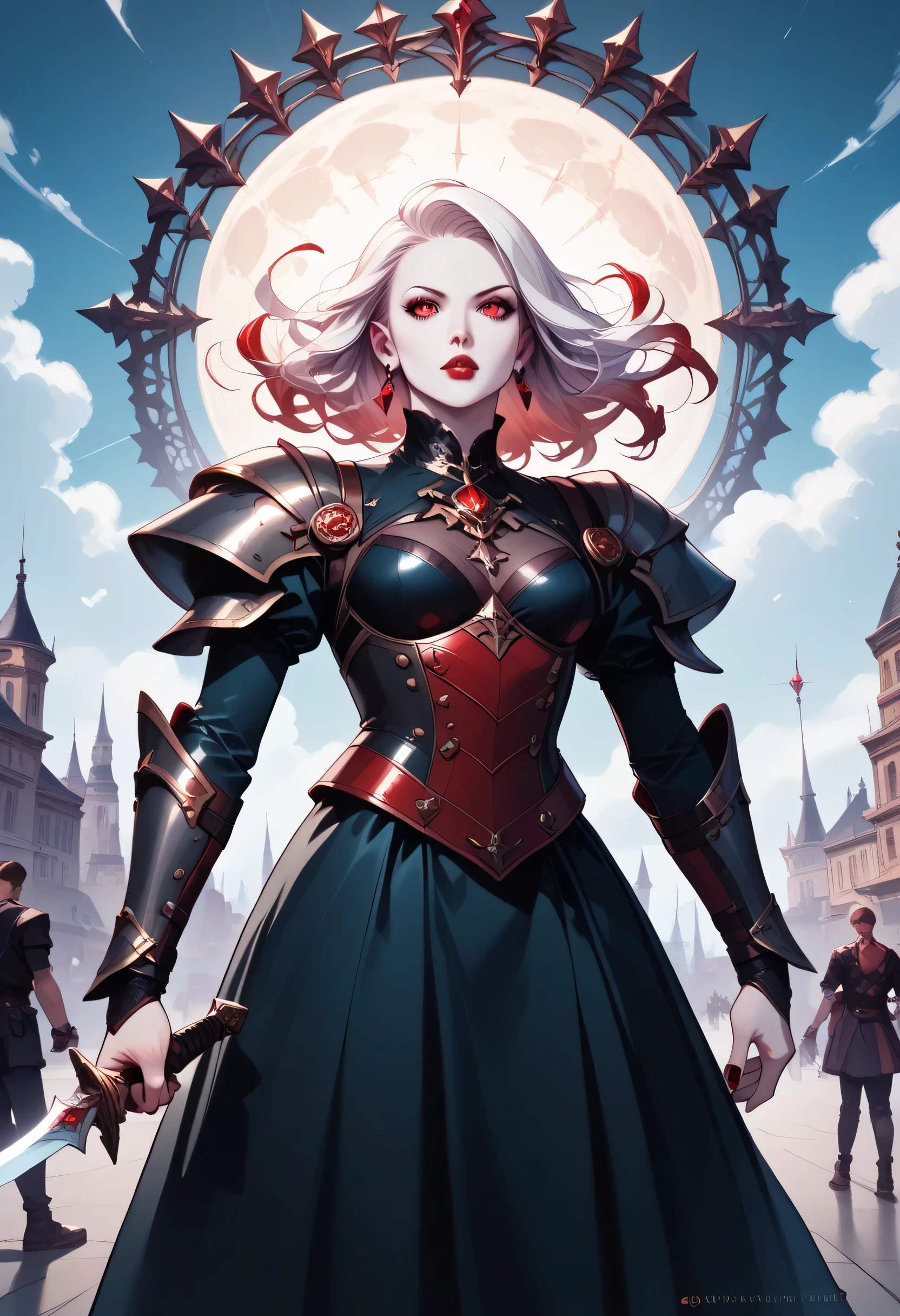 score_9, score_8_up, score_7_up,Arafed, dark fantasy art, gothic art, a picture of a vampire ready for battle, female vampire, armed with a sword, wearing heavy armor LnF, armed with a sword, shining sword, ultra detailed face (intricate detailed, Masterpiece, best quality: 1.4), pale skin, gloeing eyes, red eyes, ultra feminine, pale skin, dynamic hair, dark fantasy urban street (intricate detailed, Masterpiece, best quality: 1.4), moon light, star light, clouds  GlowingRunesAI_red, fantasy, commix style