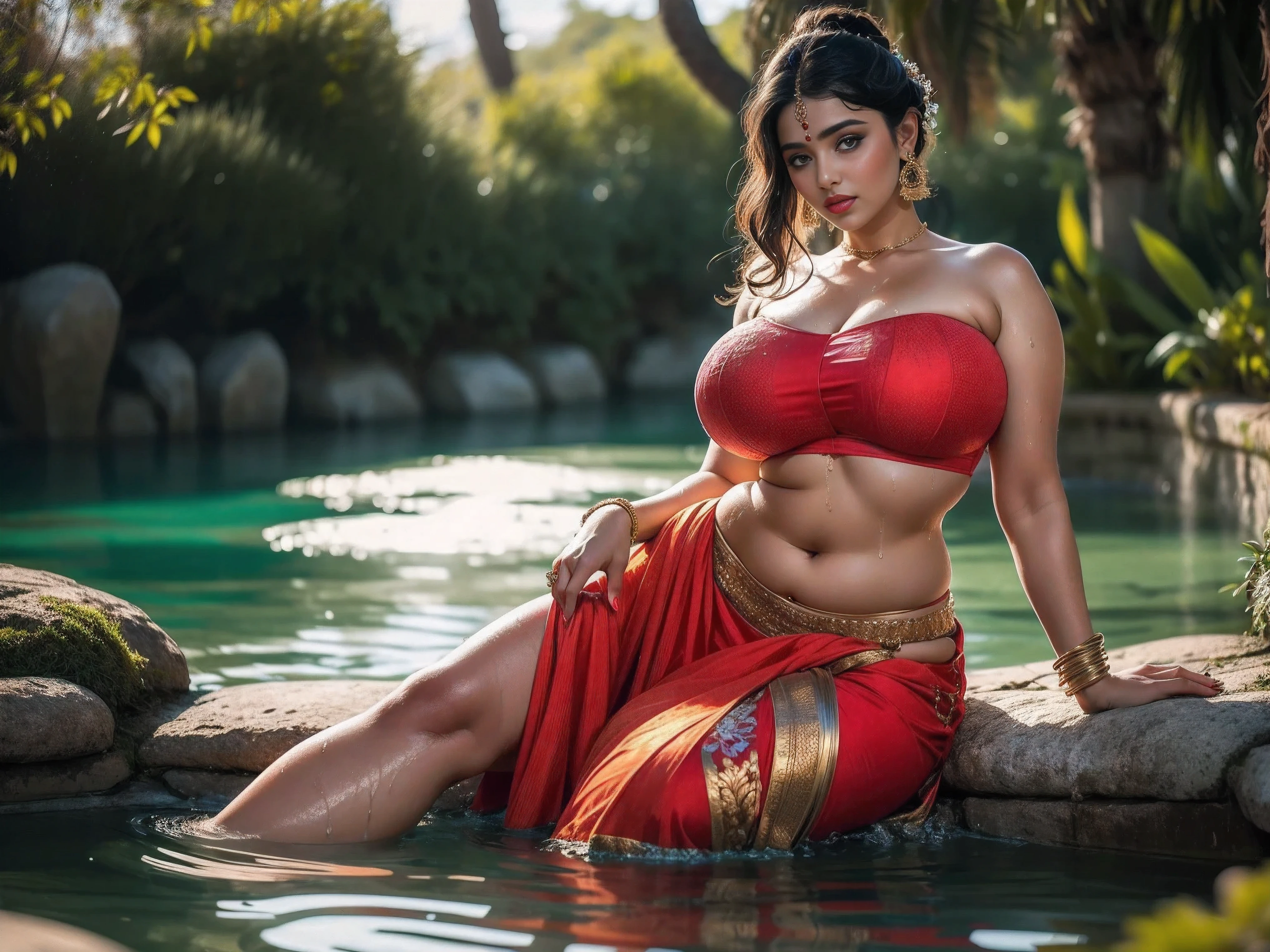  Beautiful cute wet tamanna bhatia, with thick thighs and a curvy waist,  wearing a red beautiful Indian dress, ((low waist)), ((wet silky hair)), ((wet hair)), ((loose wet hair)), (( beautiful Indian dress)) , bindi on forehead, highly detailed, depth of field, cinematic lighting, intricate, ((26yo, gorgeous face, model, makeup)), gorgeous Indian woman in outdoor wearing  blouse, milf, dusky skin, makeup, curvy, tall, hourglass figure, seductive , ((looking at viewer)), jewelry, black hair, ((MILF)), ((big breast:1.1)), ((wide hips:1.2)), full figured, seductive, photorealism, hyper realistic,((wearing bottom half  saree)), full face Blush, ((seductive face)) , wet body and hair, Highly detailed, Best quality, 4k, 8k, 32k, uhd, hdr, Indian actress, Indian mythological queen, Woman, curvy, fluffy hair, two pieces of clothes, seductive, lusty, cinematic lighting, cinematic colour grading, captivating, charming, tall and heavy woman, styled hair, fleshy navel, indian queen, bathing in a royal pond, numerous flowers around the pond, big pond, Lotus flower, secret bathing place for queen, wearing pieces of  cloth, ancient queen, oiled body, magical forest background, bandeau crop top bra made of clothes, ancient costumes, mythological apparel, historical clothing, epic details, skin details, photo realistic, High quality, high details, ancient undergarments, bathing garments, 26 years old, beautiful woman, hyper realistic, fair skin, no crown or hat on her head, wet body and hair, hourglass body, thick thigh, looking at viewer, blue eyes, short hair, Earrings, jewelry, (((sagging breast))) 