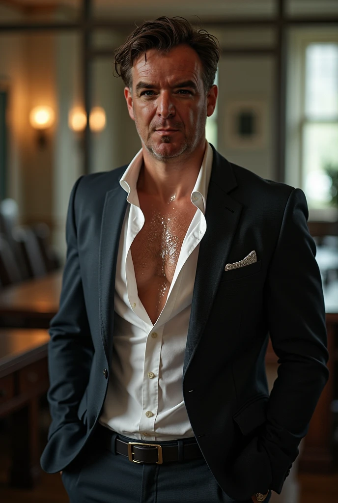 smiling handsome middle aged man in a suit, he is 50 years old, holding glass of champagne. Big muscles, bodybuilder, tight clothing, tight shirt (wearing a black suit jacket, shiny satin shirt, big muscles, big pectorals, visable cleavage, covered nipples, tight tan chinos, big bulge, grey hair)