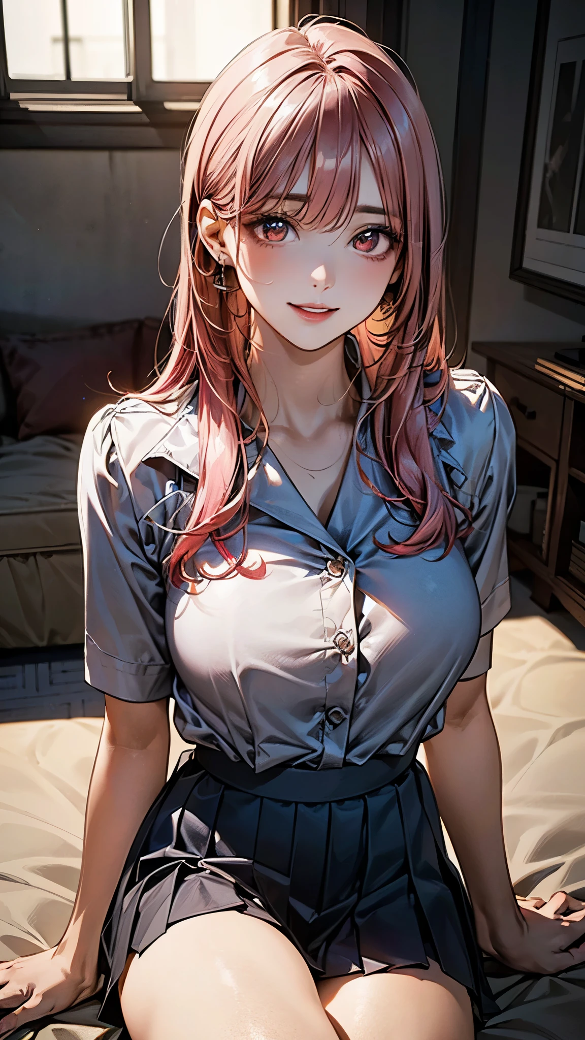(masterpiece:1.3, top-quality, ultra high res, ultra detailed), (realistic, photorealistic:1.4), beautiful illustration, perfect lighting, natural lighting, colorful, depth of fields, 2025s, ,
beautiful detailed hair, beautiful detailed face, beautiful detailed eyes, (perfect anatomy, anatomically correct, super detailed skin), white skin, shiny skin,
looking at viewer, 1 girl, japanese, 23 years old, cute and symmetrical face, perfect face, perfect eyes, perfect body, babyface, cute face:1.2, tiny,
(long hair:1.5, messy hair:1.6, long sidelocks, pink hair), crossed bangs, red eyes, drooping eyes, long eye lasher, (large breast, seductive thighs), slender,
(detailed cloth texture), ((white collared shirts, navy pleated mini skirt, dark drown trench skirt)),
(beautiful scenery), evening, detailed background, (living room minimalist), sitting sofa, (lovely smile, upper eyes, parted lips),