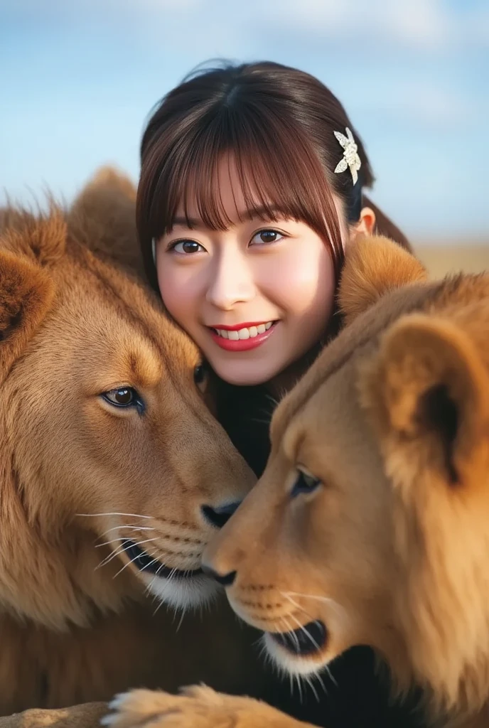 (8k、RAW Photos、Highest quality、masterpiece:1.5)、(Realistic、Photorealistic:1.5)、Ultra-detailed、Ultra-high resolution、Cinematic lighting、(((Idols who love lions)))、(((16 year old girls in Japan)))、(((Wearing a cute costume with a lion motif)))、(A lot of lions:1.5)、Cute Smile、Fun and energetic atmosphere、Dynamic Angle、Dynamic Lighting
