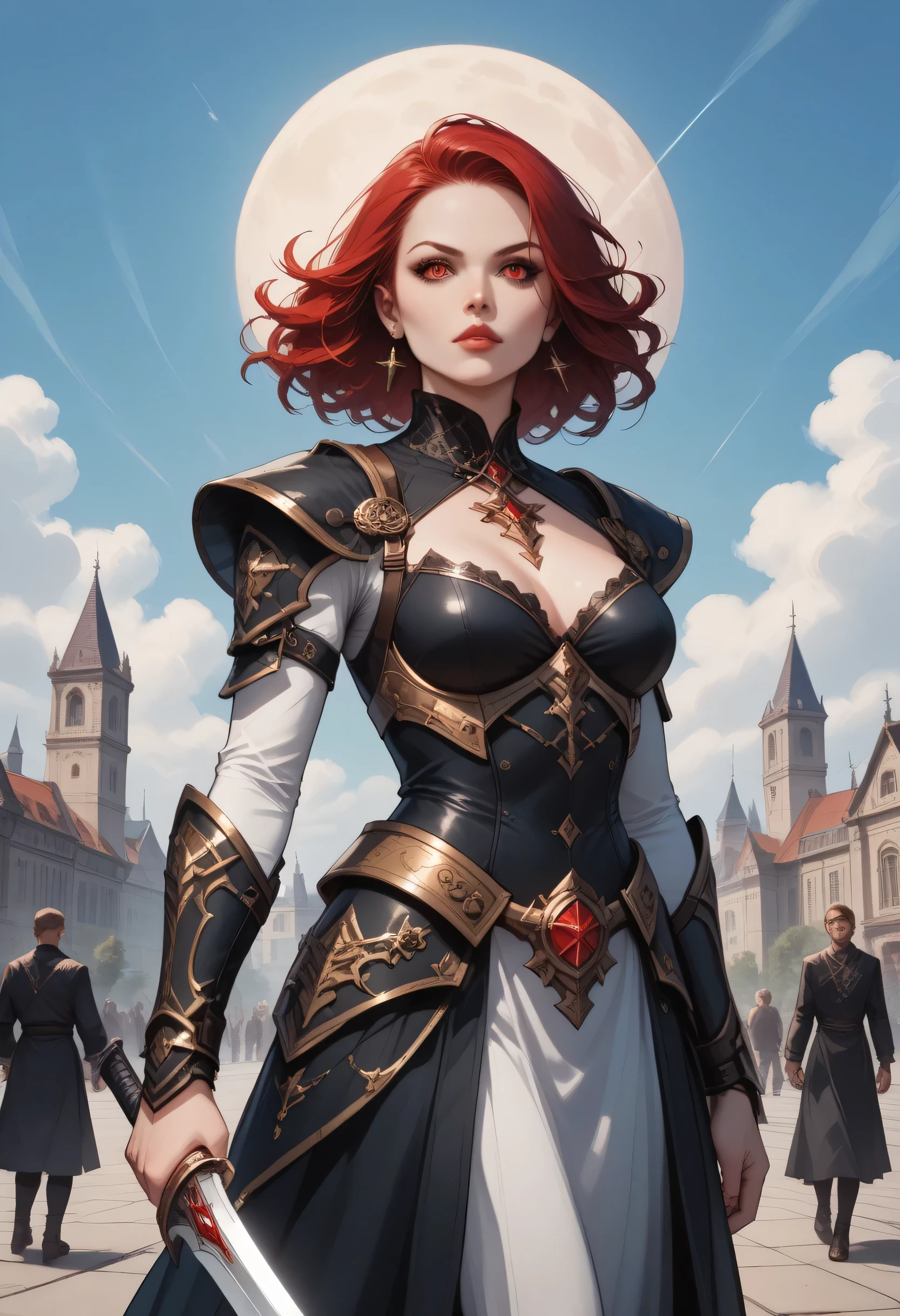 Uma personagem feminina usando capa, short golden hair, In the midst of the crowd,Eclipse,goth clothing, detalhadas, 8k, magnificent art, dramatic scene, Red eclipse at the top of the image, Gothic armor with golden details, Vampiro, fluttering cover