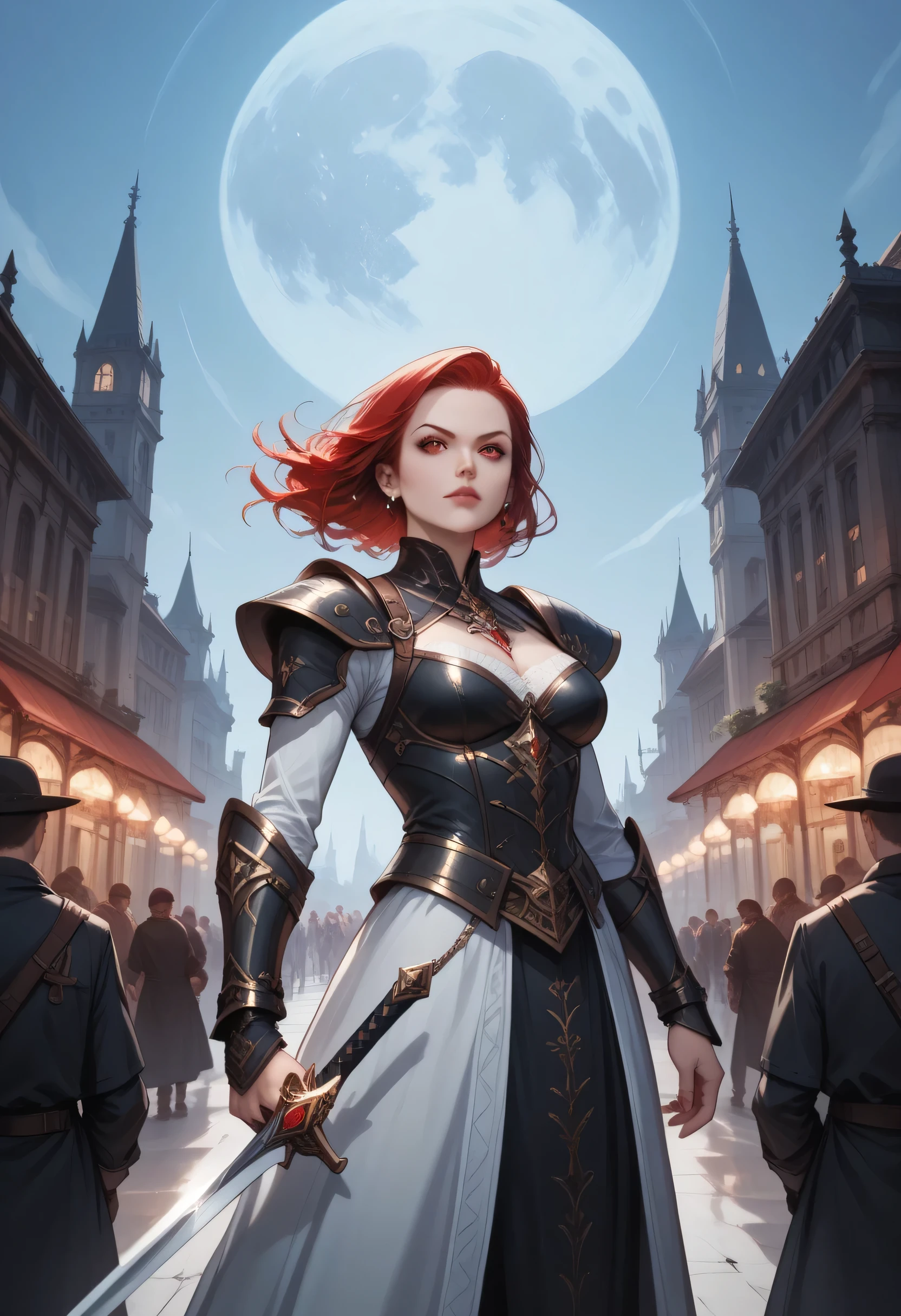 A beautiful and wonderful vampire woman, extremely detailed, short orange hair, wearing extremely detailed gothic armor, blue eyes in medieval public square, palace, crepúsculo, 8k, linda, sacerdotisa, crepúsculo, entardecer, vampira, gothic armor.