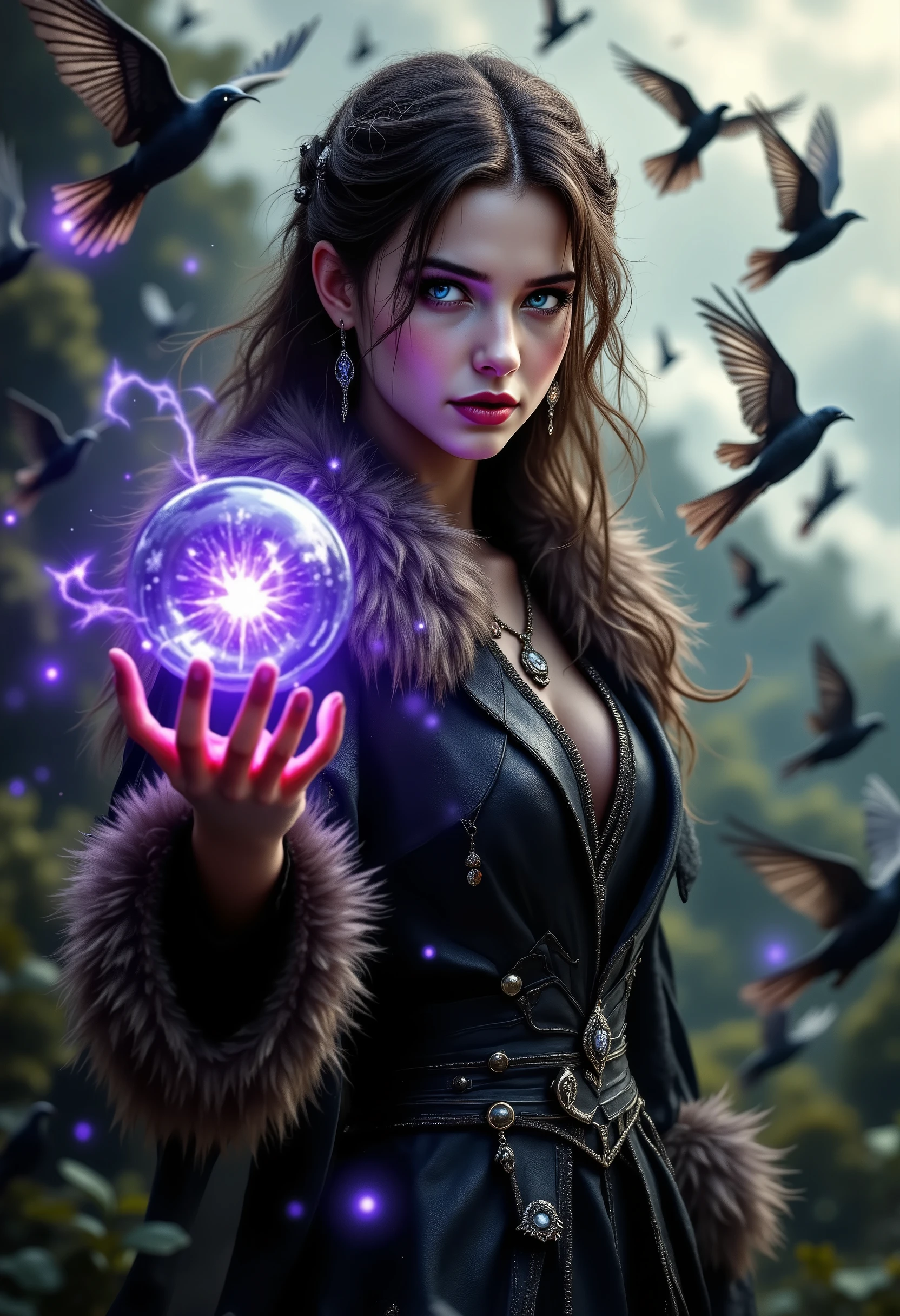fantasy style, beautiful birds fly , girl goes sparkling sorceress , dressed in a beautiful leather and fur dress in her hand, a beautiful ball from which comes a beautiful purple glow with silver glitter, Very Beautiful , Masterpiece , 8 k, better quality, complicated details, maximum number of details , Beautiful painting , wallpaper, clearly , Точность,