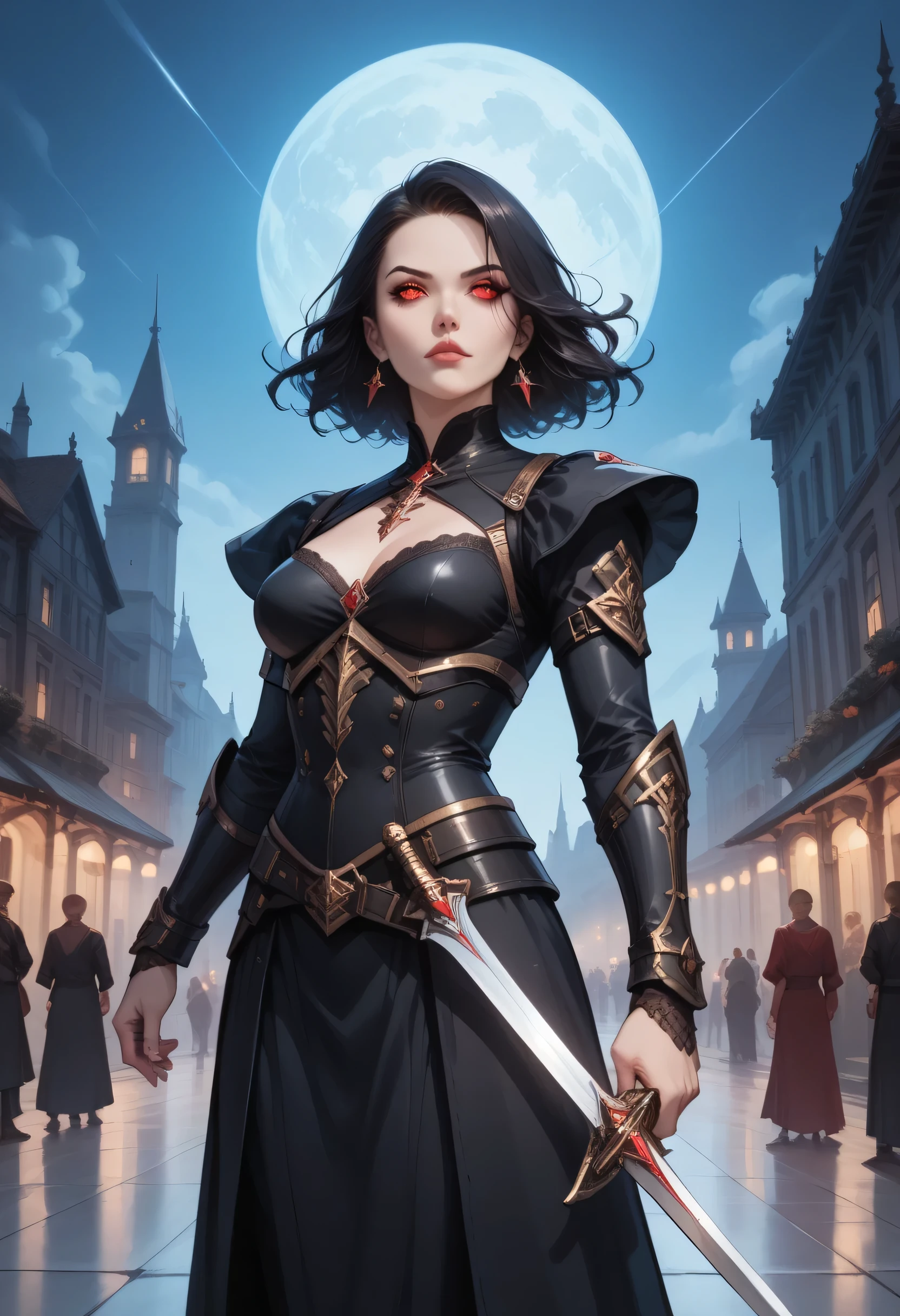 score_9, score_8_up, score_7_up,Arafed, dark fantasy art, gothic art, a picture of a vampire ready for battle, female vampire, armed with a sword, wearing heavy armor, armed with a sword, shining sword, ultra detailed face (intricate detailed, Masterpiece, best quality: 1.4), pale skin, glowing eyes, red eyes, ultra feminine, pale skin, dynamic hair, dark fantasy urban street (intricate detailed, Masterpiece, best quality: 1.4), night time, moon light, star light, clouds GlowingRunesAI_red, fantasy, commix style