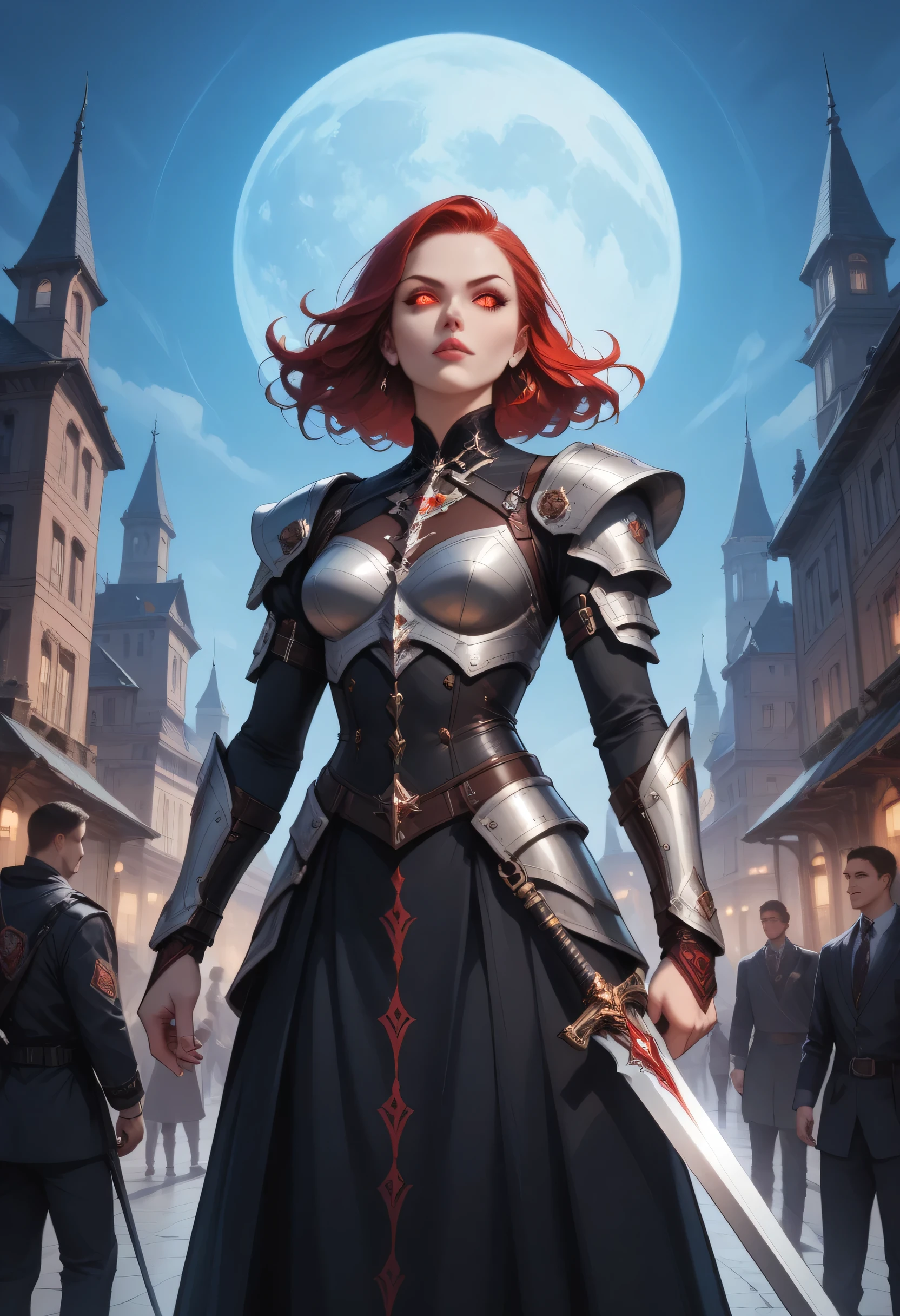 score_9, score_8_up, score_7_up,Arafed, dark fantasy art, gothic art, a picture of a vampire ready for battle, female vampire, armed with a sword, wearing heavy armor, armed with a sword, shining sword, ultra detailed face (intricate detailed, Masterpiece, best quality: 1.4), pale skin, glowing eyes, red eyes, ultra feminine, pale skin, dynamic hair, dark fantasy urban street (intricate detailed, Masterpiece, best quality: 1.4), night time, moon light, star light, clouds GlowingRunesAI_red, fantasy, commix style