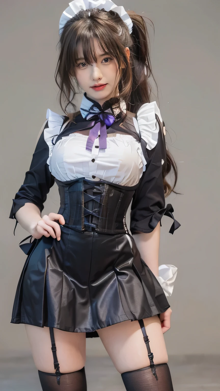 (masterpiece, best quality, ultra-detailed, photorealistic:1.4)  
(A beautiful young woman, long black hair in a high ponytail with side bangs, soft wavy texture, adorned with a white lace maid headband and purple ribbons)  
((deep violet eyes, detailed eyelashes, soft pink blush on cheeks, smooth skin, gentle yet confident smile))  
(Wearing an elegant French maid outfit, black and white, tight corset with laced buttons, puffed sleeves with lace trim, short pleated skirt, thigh-high black stockings with garter straps)  
(perfectly sculpted body, ample bust, slender waist, well-proportioned curves, soft natural lighting highlighting skin texture)  
(soft neutral background, cinematic depth, ultra-realistic fabric texture, subtle light reflections, slight dynamic pose with one hand on hip)  
(8K, UHD, hyper-realistic, cinematic lighting, ultra-sharp focus, extreme detail)  