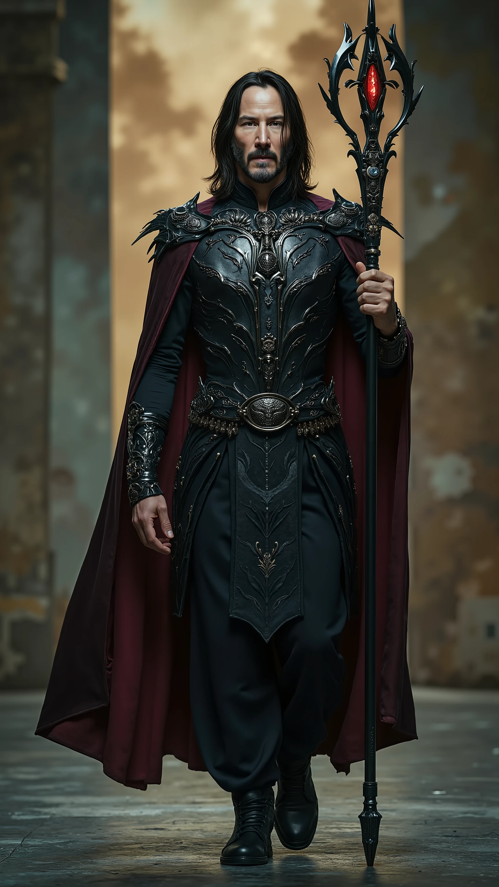 Keanu Reeves reimagined as a majestic Greek god Hades walking and holding towering staff、dramatic atmosphere, 1 male、
A tall, enigmatic figure with a lean yet powerful build, exuding an aura of quiet dominance and eternal mystery. Long, raven-black hair flows past sharp, angular features, framing a chiseled jawline and high cheekbones. His piercing, shadowed eyes burn with an otherworldly intensity, reflecting the depths of the underworld, while his expression remains calm, yet foreboding, like a storm waiting to break.
A regal, high-collared tunic of obsidian-black and deep crimson, woven from shadowy silk, clings to his form like flowing smoke. Over it, a sculpted breastplate of darkened silver and onyx, engraved with intricate skeletal filigree and ancient underworld sigils, enhances his spectral presence. Spiked pauldrons curve like raven wings, blending seamlessly into the darkness around him. A long, flowing cloak of midnight fabric, embroidered with faintly glowing infernal runes, cascades from his shoulders, fastened by a skull-shaped brooch of polished obsidian. In his grip, a towering staff of blackened steel, crowned with an eerie, fire-lit gemstone, pulses with the quiet, inevitable power of death itself.
, shows his male character's full figure, athletic body, perfect face, full body, extremely beautiful, god, male shape, perfect anatomy, The background showcases the majestic architecture of Mount Olympus, with grand marble arches, towering golden spires, and ethereal clouds, photorealistic, masterpiece, realistic, high contrast, 8k, HD, high definition detailed, detailed, hyper detailed, realistic skin texture, best quality, ultra high resolution, hyper realistic, no text, very detailed eyes, dramatic lighting