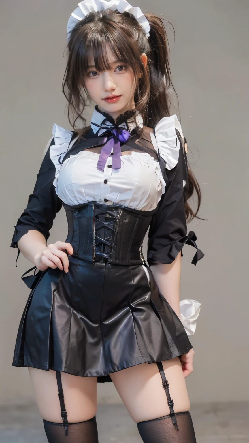 (masterpiece, best quality, ultra-detailed, photorealistic:1.4)
(A beautiful young woman, long black hair in a high ponytail with side bangs, soft wavy texture, adorned with a white lace maid headband and purple ribbons)
((deep violet eyes, detailed eyelashes, soft pink blush on cheeks, smooth skin, gentle yet confident smile))
(Wearing an elegant French maid outfit, black and white, tight corset with laced buttons, puffed sleeves with lace trim, short pleated skirt, thigh-high black stockings with garter straps)
(perfectly sculpted body, ample bust, slender waist, well-proportioned curves, soft natural lighting highlighting skin texture)
(soft neutral background, cinematic depth, ultra-realistic fabric texture, subtle light reflections, slight dynamic pose with one hand on hip)
(8K, UHD, hyper-realistic, cinematic lighting, ultra-sharp focus, extreme detail)