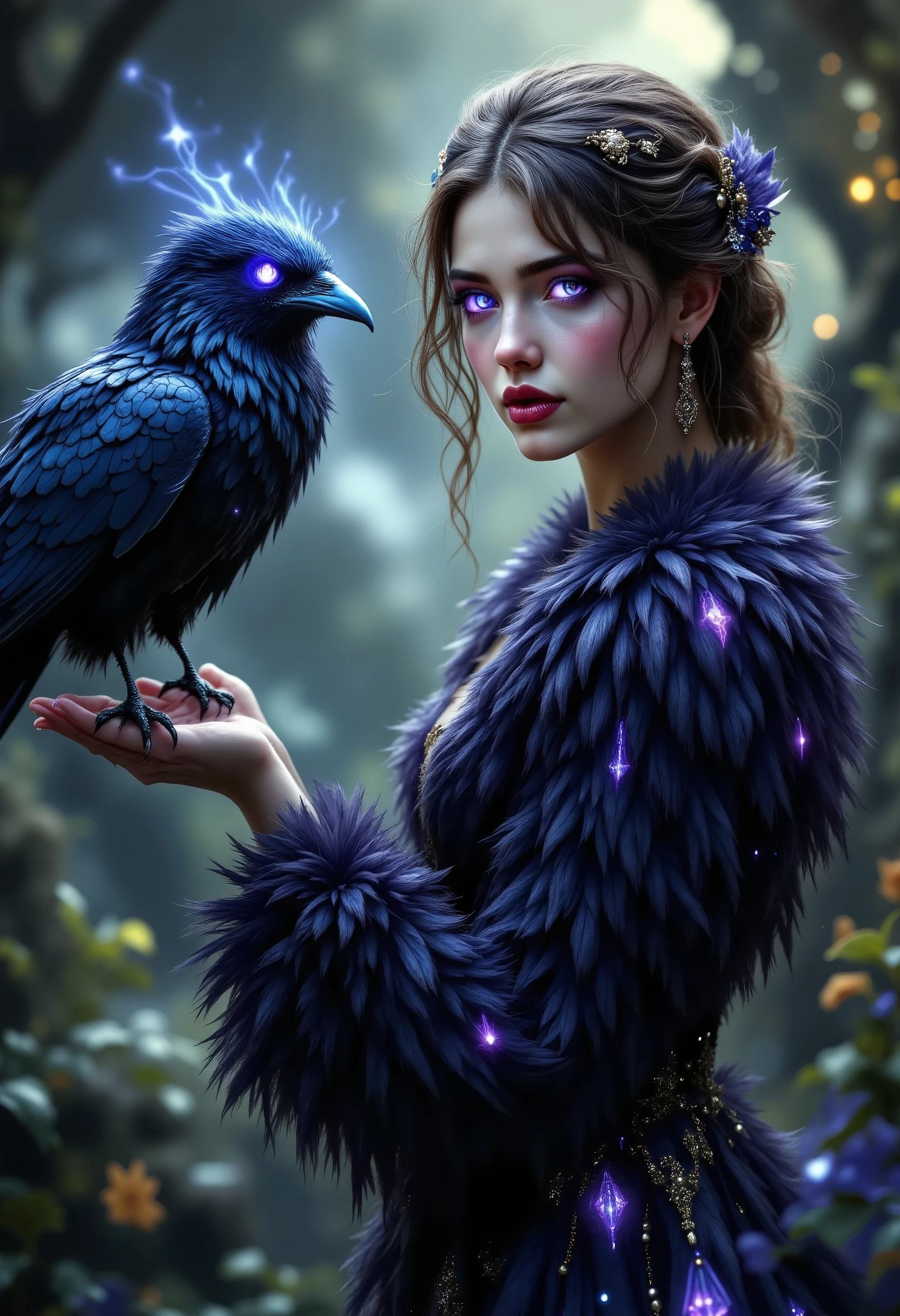 A beautiful raven sits on the girl's arm A very beautiful picture , The girl is wearing a beautiful outfit electric fur dress, переливы и magic, the crow's eyes sparkle with purple , magic, Masterpiece , 8 k, better quality, complicated details, maximum number of details , very detailed, high quality , fantasy style, bright colors ,