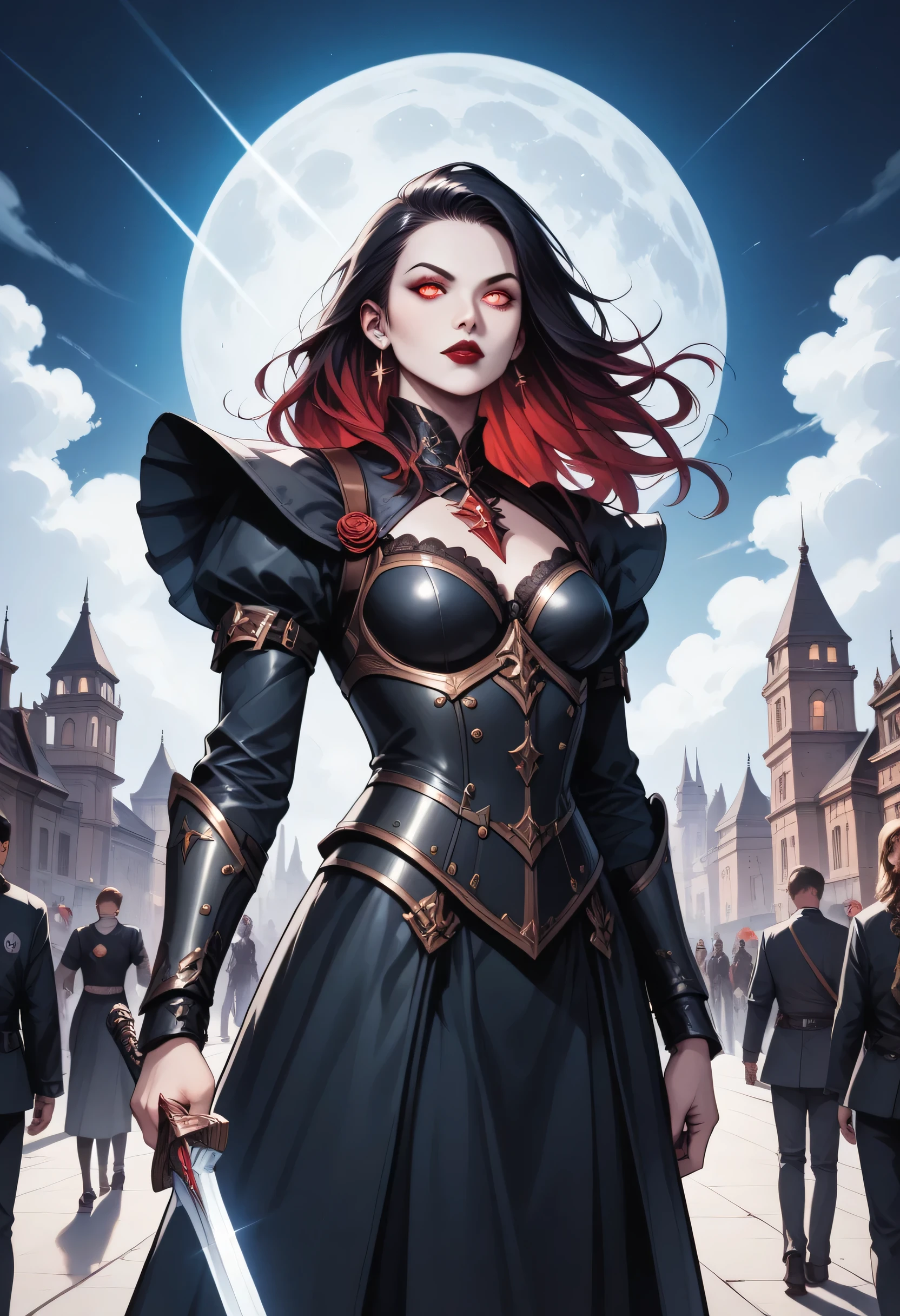 score_9, score_8_up, score_7_up,Arafed, dark fantasy art, gothic art, a picture of a vampire ready for battle, female vampire, armed with a sword, wearing heavy armor, armed with a sword, shining sword, ultra detailed face (intricate detailed, Masterpiece, best quality: 1.4), pale skin, glowing eyes, red eyes, ultra feminine, pale skin, dynamic hair, dark fantasy urban street (intricate detailed, Masterpiece, best quality: 1.4), night time, moon light, star light, clouds GlowingRunesAI_red, fantasy, commix style