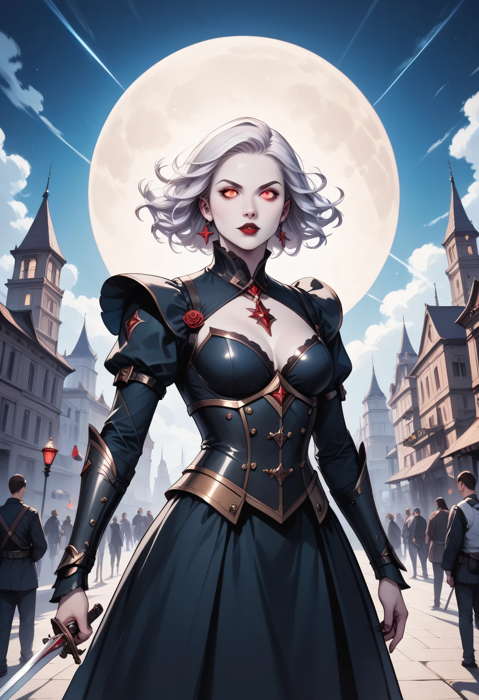 score_9, score_8_up, score_7_up,Arafed, dark fantasy art, gothic art, a picture of a vampire ready for battle, female vampire, armed with a sword, wearing heavy armor, armed with a sword, shining sword, ultra detailed face (intricate detailed, Masterpiece, best quality: 1.4), pale skin, glowing eyes, red eyes, ultra feminine, pale skin, dynamic hair, dark fantasy urban street (intricate detailed, Masterpiece, best quality: 1.4), night time, moon light, star light, clouds GlowingRunesAI_red, fantasy, commix style