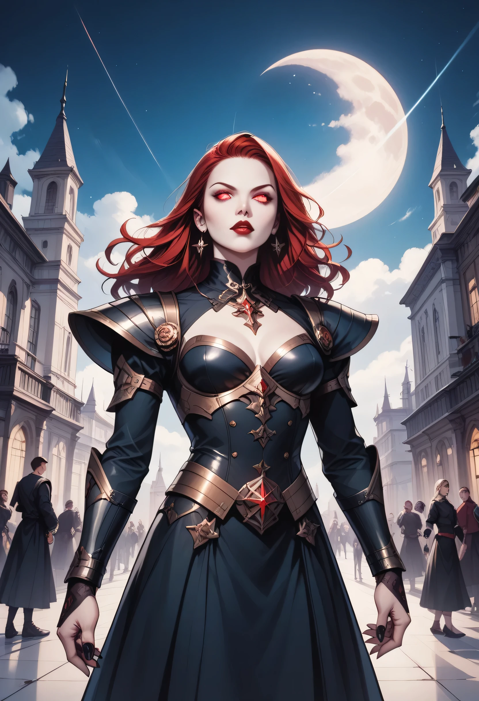 score_9, score_8_up, score_7_up,Arafed, dark fantasy art, gothic art, a picture of a vampire ready for battle, female vampire, armed with a sword, wearing heavy armor, armed with a sword, shining sword, ultra detailed face (intricate detailed, Masterpiece, best quality: 1.4), pale skin, glowing eyes, red eyes, ultra feminine, pale skin, dynamic hair, dark fantasy urban street (intricate detailed, Masterpiece, best quality: 1.4), night time, moon light, star light, clouds GlowingRunesAI_red, fantasy, commix style