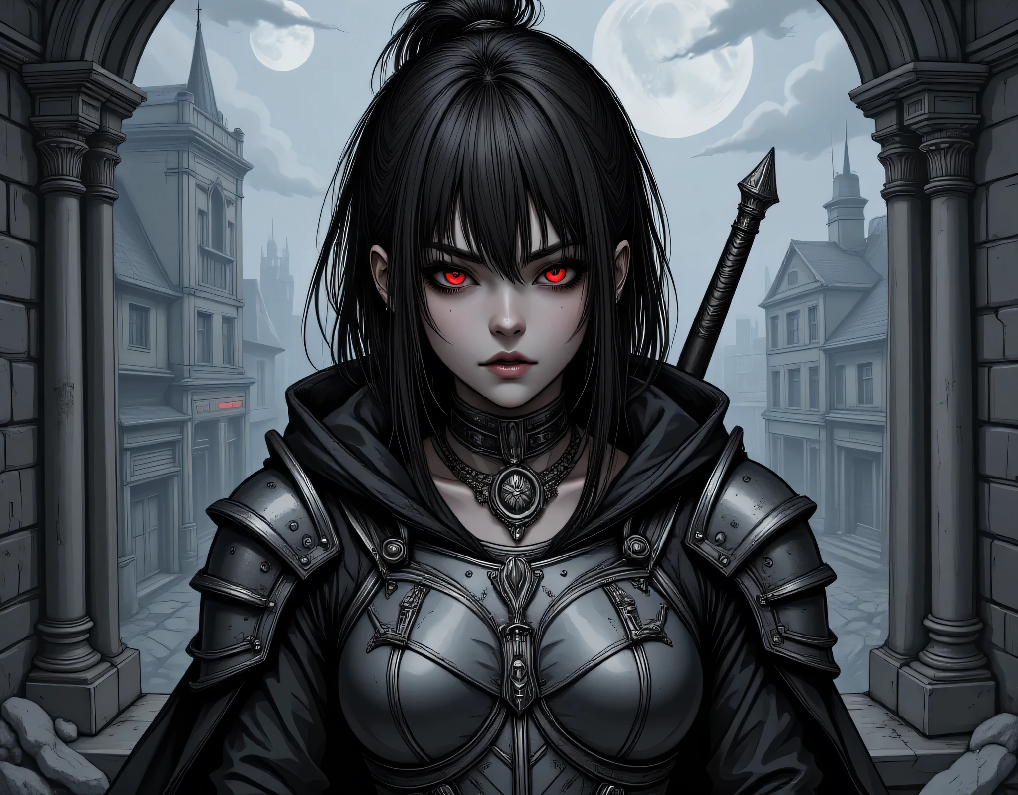 Arafed, dark fantasy art, gothic art, a picture of a vampire ready for battle, female vampire, armed with a sword, wearing heavy armor LnF, armed with a sword, shining sword, ultra detailed face (intricate detailed, Masterpiece, best quality: 1.4), pale skin, gloeing eyes, red eyes, ultra feminine, pale skin, dynamic hair, dark fantasy urban street (intricate detailed, Masterpiece, best quality: 1.4), moon light, star light, clouds, hyp3rd3tail style, aidmaDarkGothicAnime