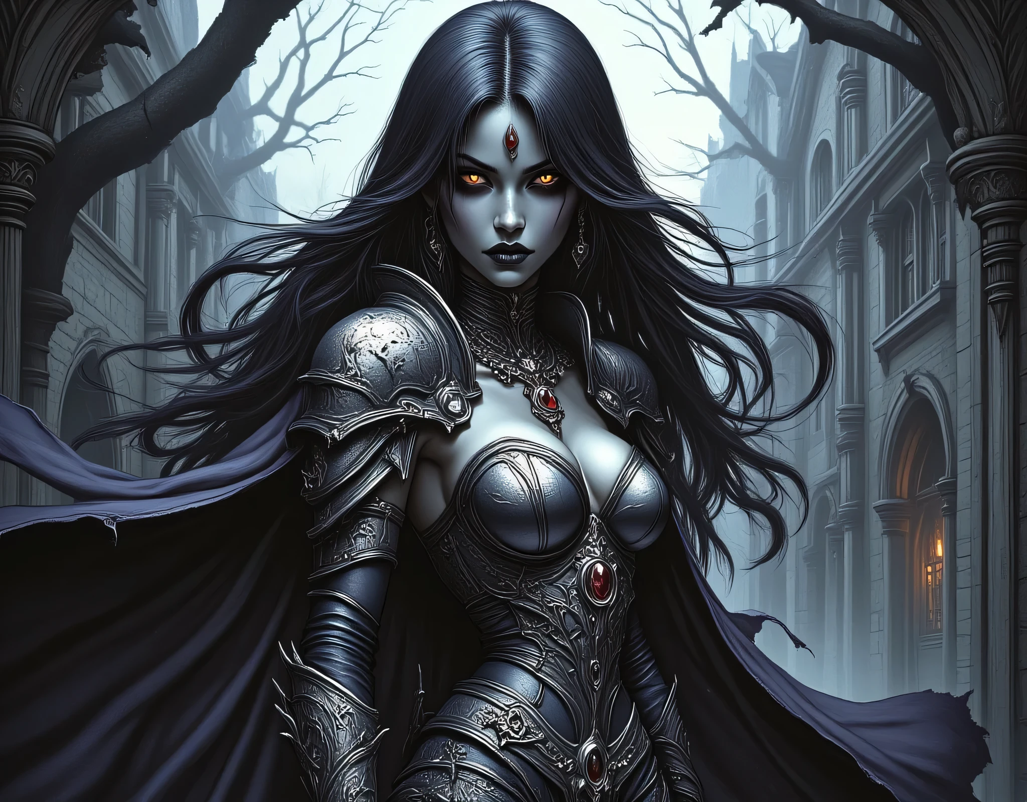 (16k, masterpiece, best quality), ultra-detailed, detailed beautiful round eyes, beautifully detailed face, high quality, high resolution, perfect anatomy, (a female necromancer appeared from the fog with an army of undead), in the darkness of the night, goddess of darkness, undead army, straight hair, evil, an evil face, undead background, big breast, mature women, dynamic pose, looking into the distance