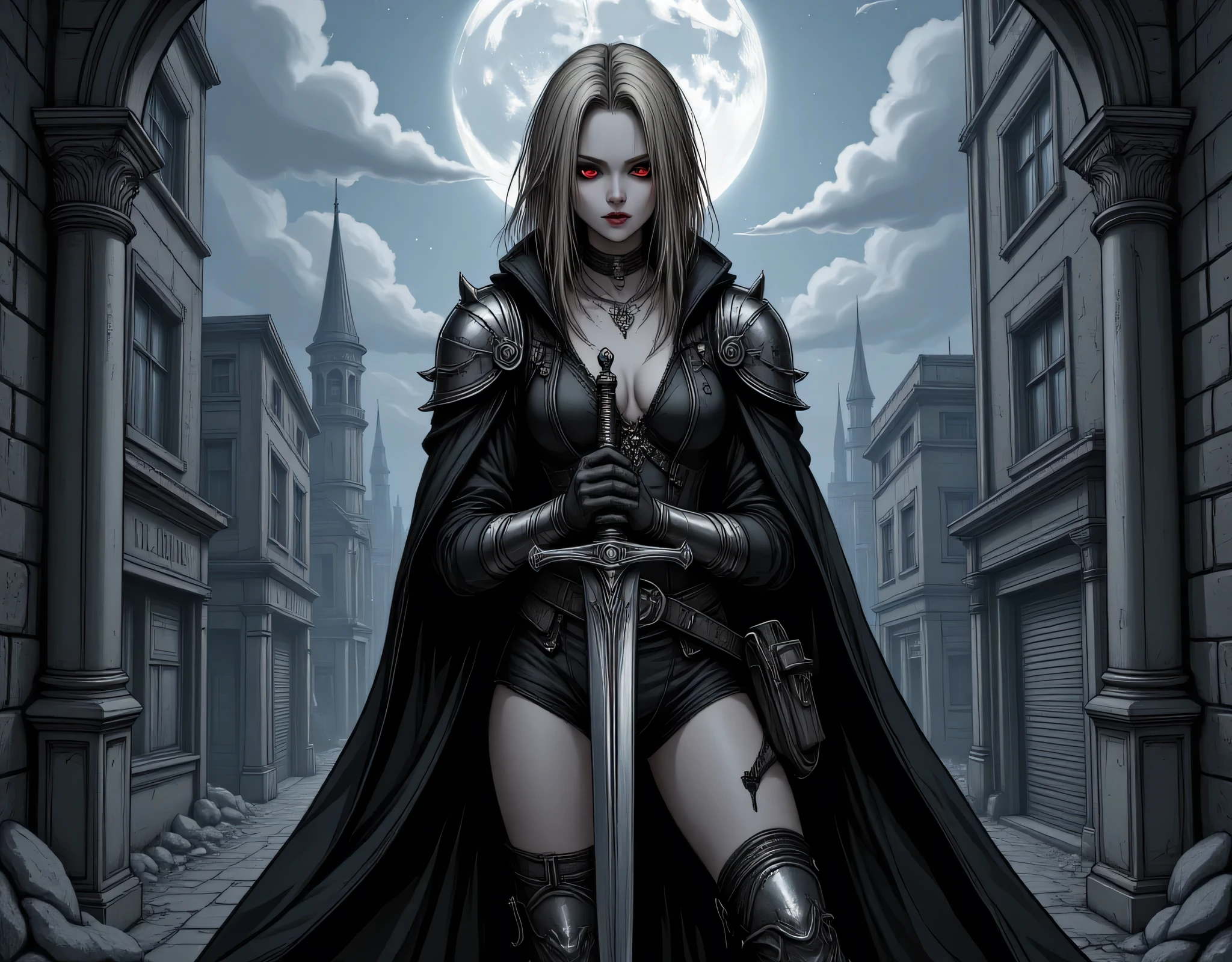 Arafed, dark fantasy art, gothic art, a picture of a vampire ready for battle, female vampire, armed with a sword, wearing heavy armor LnF, armed with a sword, shining sword, ultra detailed face (intricate detailed, Masterpiece, best quality: 1.4), pale skin, glowing eyes, red eyes, ultra feminine, pale skin, blond hair, dark fantasy urban street (intricate detailed, Masterpiece, best quality: 1.4), moon light, star light, clouds, hyp3rd3tail style, aidmaDarkGothicAnime