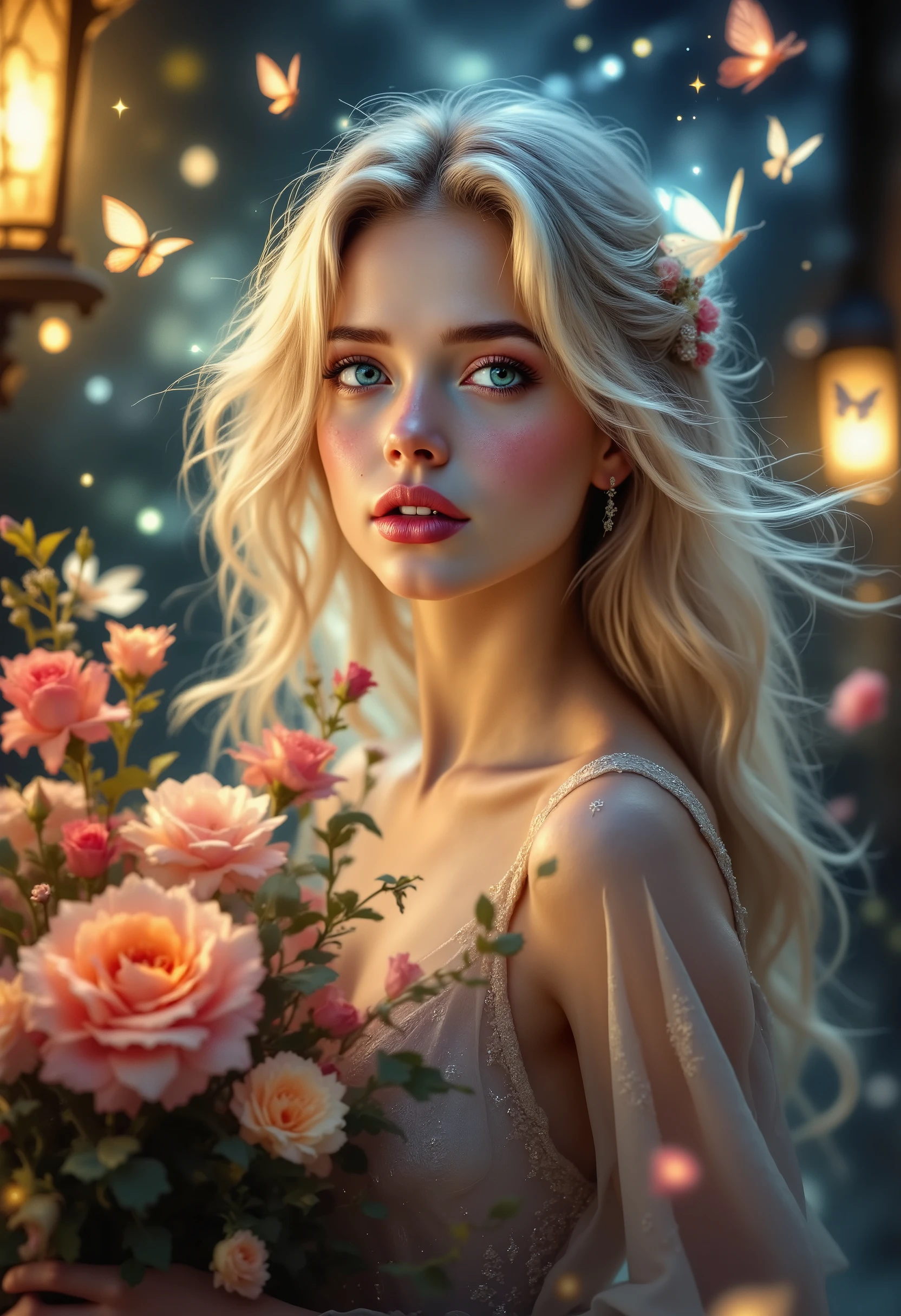 Очень beautiful девушка с светлыми волосами, darling, how to meet you , beautiful, sexy, Masterpiece , 8 k, better quality, complicated details, maximum number of details , beautiful bouquet of flowers , night stars , street, beautiful lighting , bright colors , hearts and butterflies fly , fantasy style, text "love you",