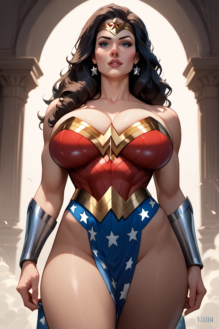 Lucy Pinder, smiling, voluptuous, neckline, ((VERY INTENSE MAKEUP)), Adele, sexy, DC comics, superheroine wonder woman, sexy pose