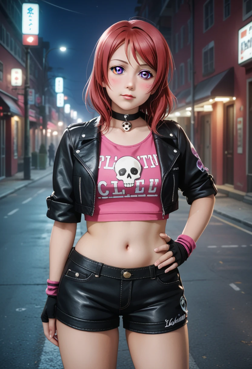 Original Character, Volumetric Lighting, Best Shadows, Shallow Depth of Field, Portrait Of Stunningly Beautiful Girl, Petite, Delicate Beautiful Attractive Face With Alluring Red Eyes, Messy Painted Face, Sharp Eyebrows, Broadly grin, Open Mouth, Fangs Out, Lovely small , Layered Medium Red Hair, Blush Eyeshadow, Thick Eyelashes, Black Leather Jacket, Black Shirt, Open Navel, Slim Waist, Black Denim Jeans Pants, In The Graffiti Alley, Waste Container, Outside Stairs, Outdoor Unit, Standing, (Highest Quality, Amazing Details:1.25), (Solo:1.3), Brilliant Colorful Paintings, mesugaki, dark, Evil, Demonic, Teasing, Looking Down, stuck-up, child, loli, p, smaflat chest, dark alley --auto