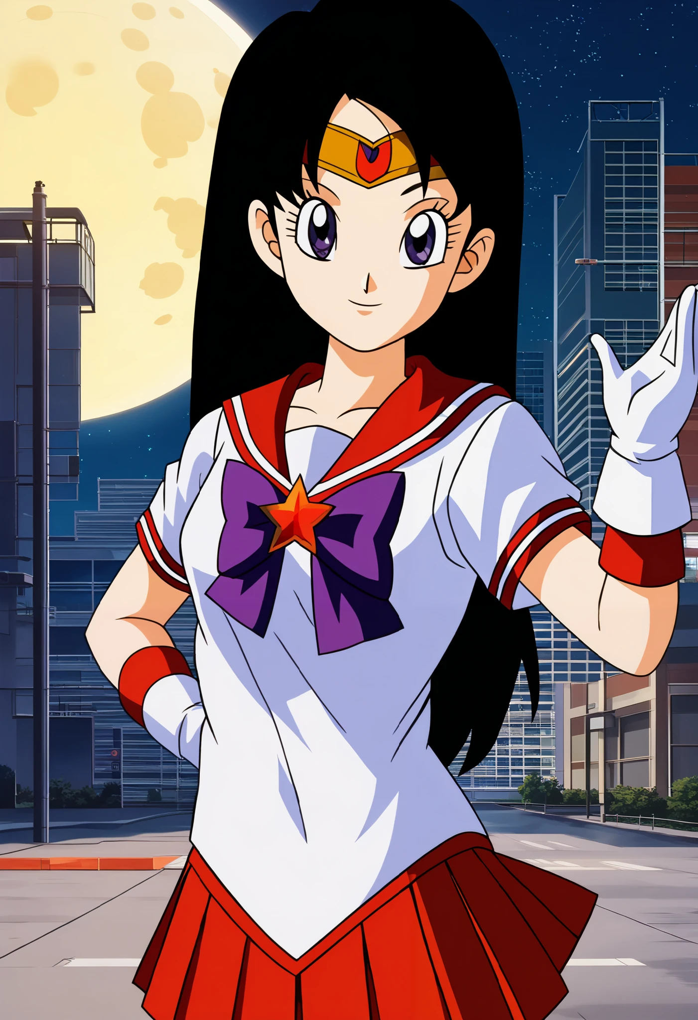 score_9, score_8_ up, score_7_ up,
 source_anime, (((flat color, Vector art))),
 top quality, masterpiece,
hi res,  digital media ( artwork), 
anime塗り絵, 
overview, 
animeスクリーンキャップ, 
(Modern Background,  visual novel background, anime wallpaper, night,  starry sky ,  full moon,  Japanese school gate , Buildings) (((pastel color back ground)))
(((Front View))), upper body, 
(looking at viewer), 
(Telephoto lens perspective, Zoom-in composition, :1.1), 
 ogipote,  calm, 
break, 
((( 1 girl,  Alone))), 
(((small breast))), ((( is standing,  dynamic poses))), 
Sailor Mars, Rei Hino,  black hair,  headband,  long hair,  purple eyes,  split bang,,  gloves,  Magical Girl, micro skirt , pleated  skirt , red  skirt ,  sailor warrior uniform,  skirt , white  gloves, bow, purple bow,  sailor color , red  sailor color ,  high heel boots, 