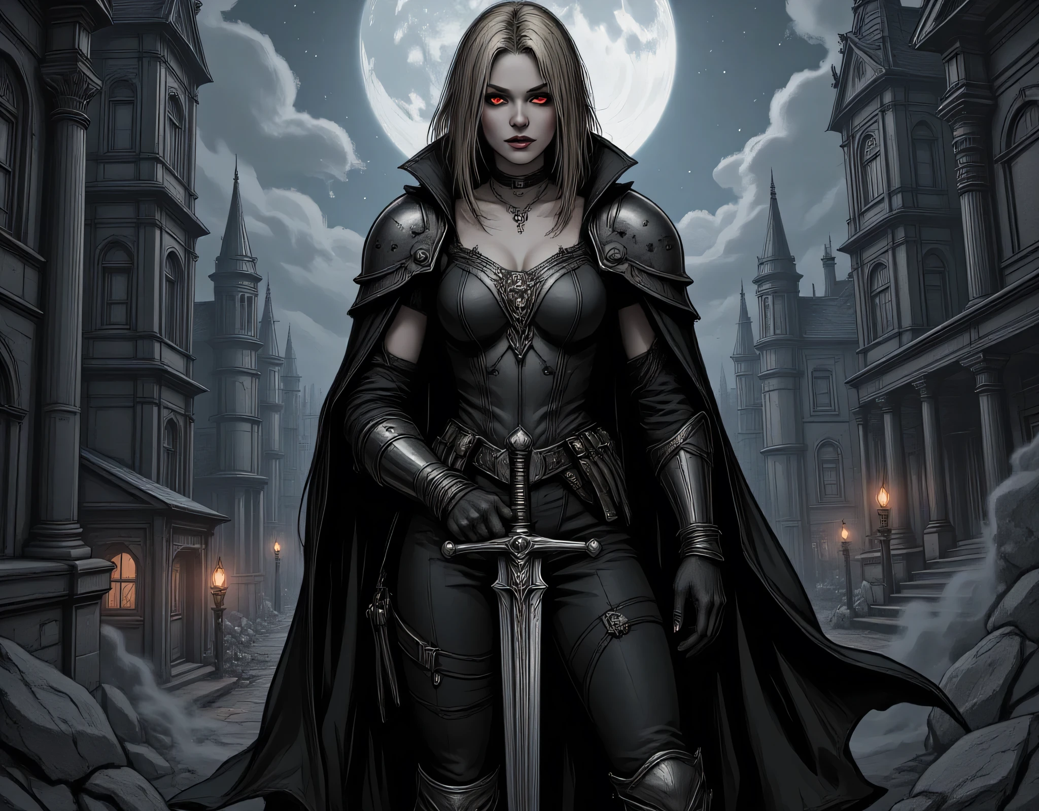 Arafed, dark fantasy art, gothic art, a picture of a vampire ready for battle, female vampire, armed with a sword, wearing heavy armor LnF, armed with a sword, shining sword, ultra detailed face (intricate detailed, Masterpiece, best quality: 1.4), pale skin, glowing eyes, red eyes, ultra feminine, pale skin, blond hair, dark fantasy urban street (intricate detailed, Masterpiece, best quality: 1.4), moon light, star light, clouds, hyp3rd3tail style, aidmaDarkGothicAnime