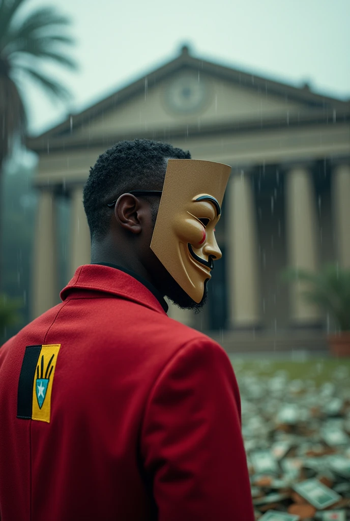 Create an image of the bald UN press secretary, Dark skinned and standing in front of the United Nations building with a sign with an image of Anonymous and a camera