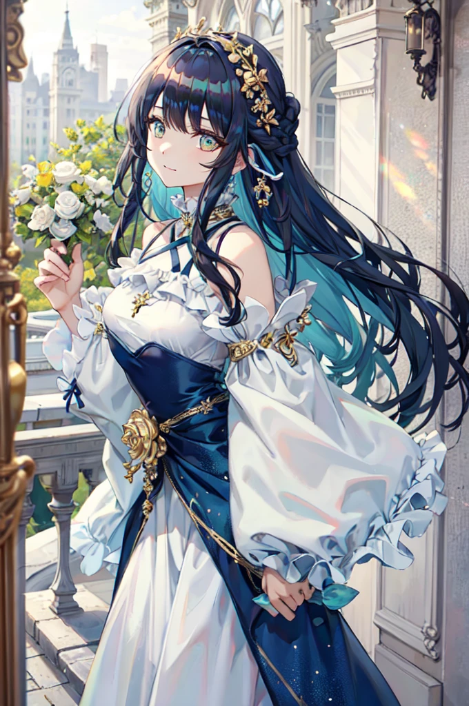 (Highest quality)),(Ultra-high resolution),(Super detailed),(Detailed Description),((The best CG)),(masterpiece),Highly detailed art,(Art with precise details:1.5), (Woman in a pure white dress:1.3),Beautiful profile:1.4,Sparkling Jewelry:1.2, (White Rose:1.3),(Sculptural works:1.6)