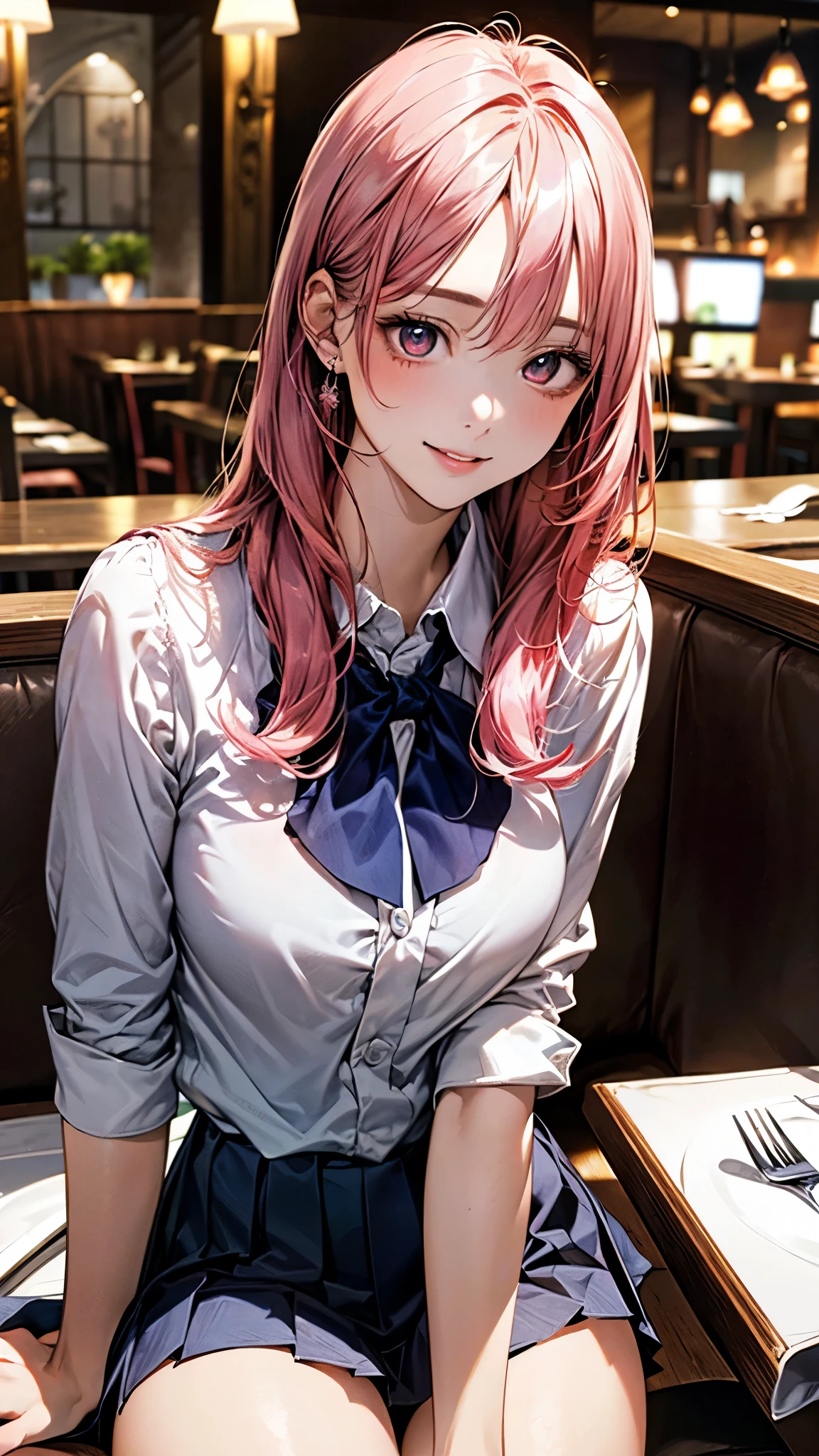 (masterpiece:1.3, top-quality, ultra high res, ultra detailed), (realistic, photorealistic:1.4), beautiful illustration, perfect lighting, natural lighting, colorful, depth of fields, ,
beautiful detailed hair, beautiful detailed face, beautiful detailed eyes, beautiful clavicle, beautiful body, beautiful chest, beautiful thigh, beautiful legs, beautiful fingers, shiny skin, 
looking at viewer, 1 girl, high school girl, (perfect anatomy, anatomically correct, super detailed skin), cute and symmetrical face, babyface, perfect face, perfect eyes, slender, 
(short hair, low ponytail, pink hair), bangs, light brown eyes, slant eyes, long eye lasher, (medium breasts, seductive thighs), 
((black blazer, white collared shirt, white shirt, red plaid pleated skirt, pink tie)), , 
(beautiful scenery), evening, (dining room:1.2), hands on chest, (lovely smile, upper eyes, parted lips),