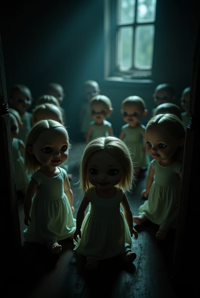 Abandoned village, room with smiling killer dolls
