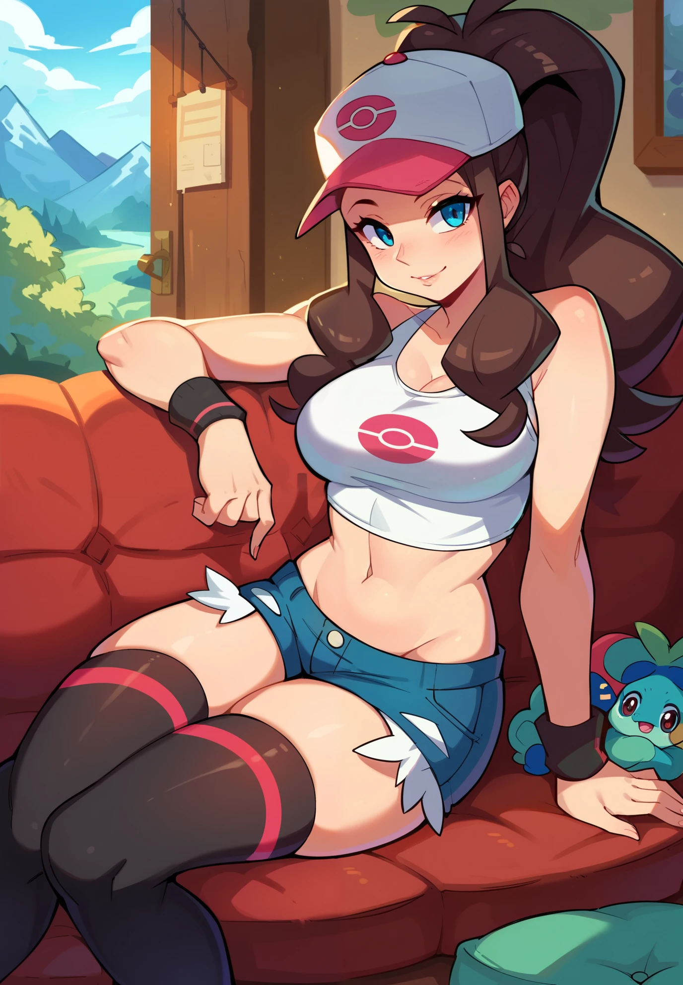 (best quality, highres, masterpiece:1.2), ultra-detailed, realistic:1.37, sketches, hilda pokemon, def1, teenage girl, sitting on her knees, curvy, visible thighs, chubby thighs, thick thighs, thighs in the foreground, body shape, mexican town, sentada junto a un hombre, hombre tocando su cuerpo, curious look, pokeballs, smile, encanto femenino, downblouse