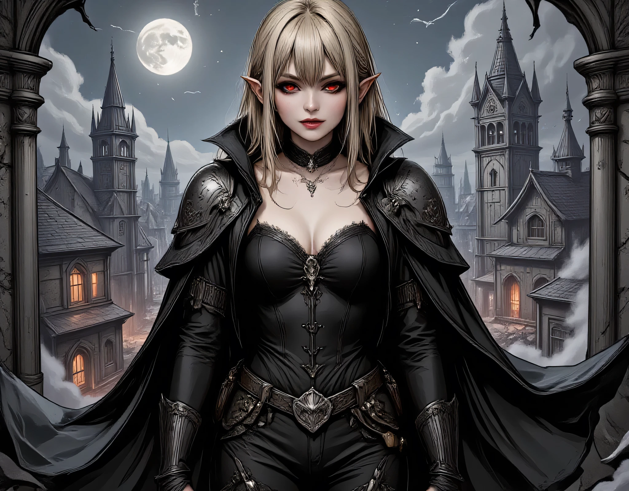 Arafed, dark fantasy art, gothic art, a picture of a vampire ready for battle, female vampire, armed with a sword, wearing heavy armor LnF, armed with a sword, shining sword, ultra detailed face (intricate detailed, Masterpiece, best quality: 1.4), pale skin, glowing eyes, red eyes, ultra feminine, pale skin, blond hair, dark fantasy urban street (intricate detailed, Masterpiece, best quality: 1.4), moon light, star light, clouds, hyp3rd3tail style, aidmaDarkGothicAnime